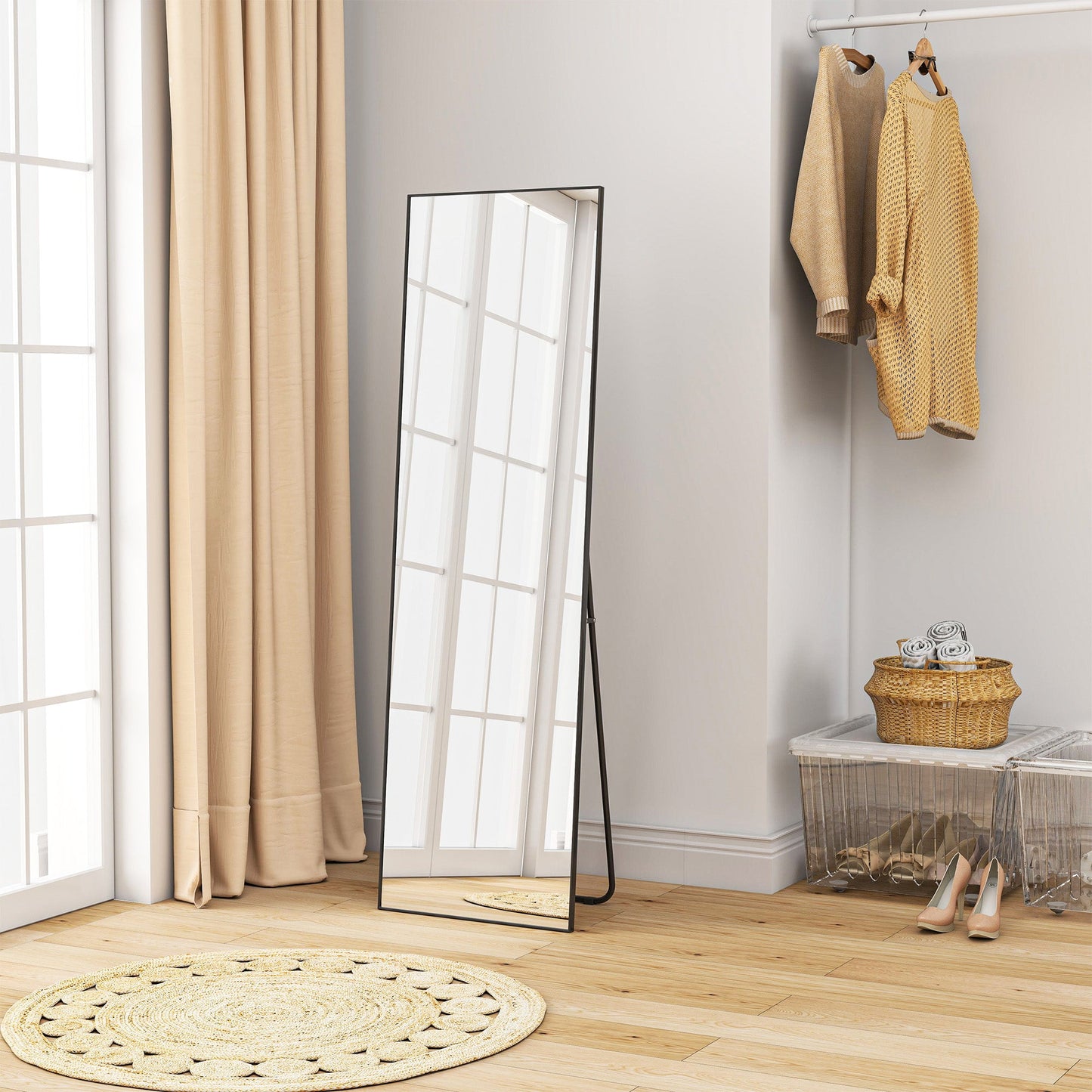 50 x 161.5cm Full Length Mirror, Aluminium Alloy Framed Rectangular Full Body Mirror with Tempered Glass, Floor Standing or Wall Hanging for Bedroom, Living Room, Cloakroom, Black