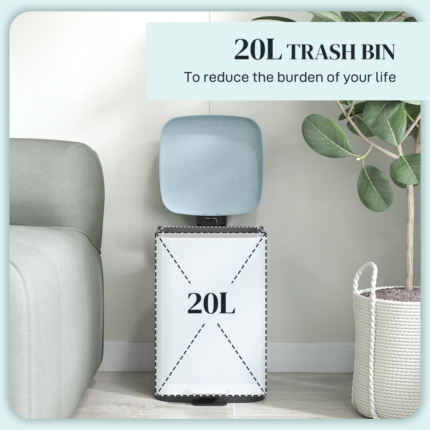 HOMCOM 20 Litre Pedal Bin, Fingerprint Proof Kitchen Bin with Soft-close Lid, Metal Rubbish Bin with Foot Pedal and Removable Inner Bucket, Light Green