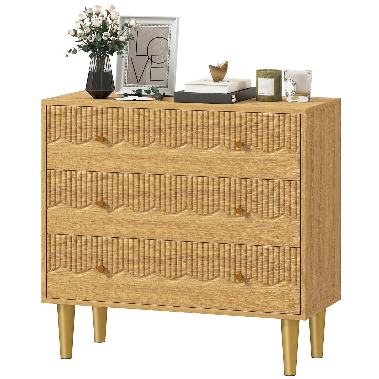 Chest of Drawers, 3 Drawer Dresser, Storage Cabinet with Steel Legs and Wooden Top for Bedroom, Living Room, Oak