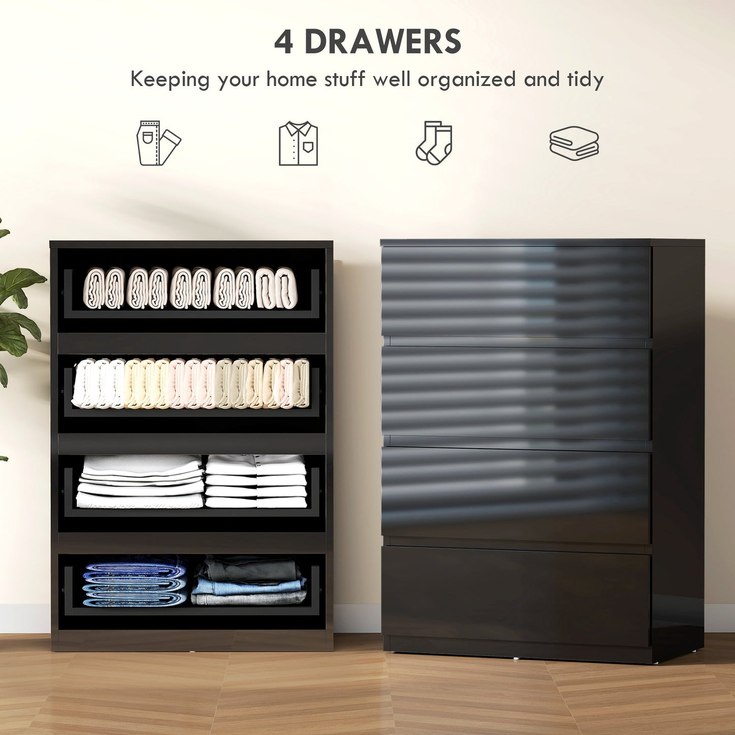 Chest of Drawers, 4 Drawers Storage Cabinet Floor Tower Cupboard for Bedroom Living Room, High Gloss Black