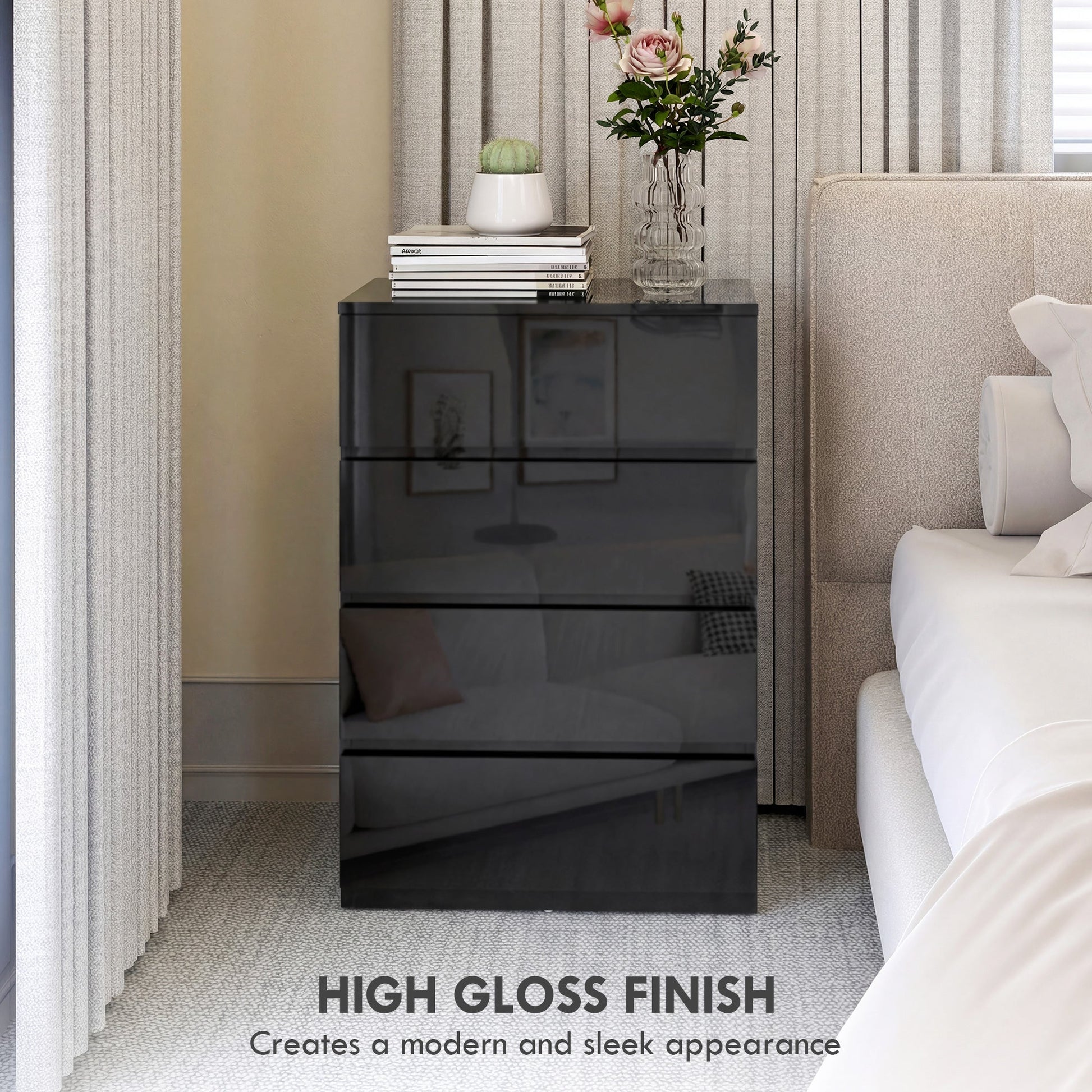 Chest of Drawers, 4 Drawers Storage Cabinet Floor Tower Cupboard for Bedroom Living Room, High Gloss Black