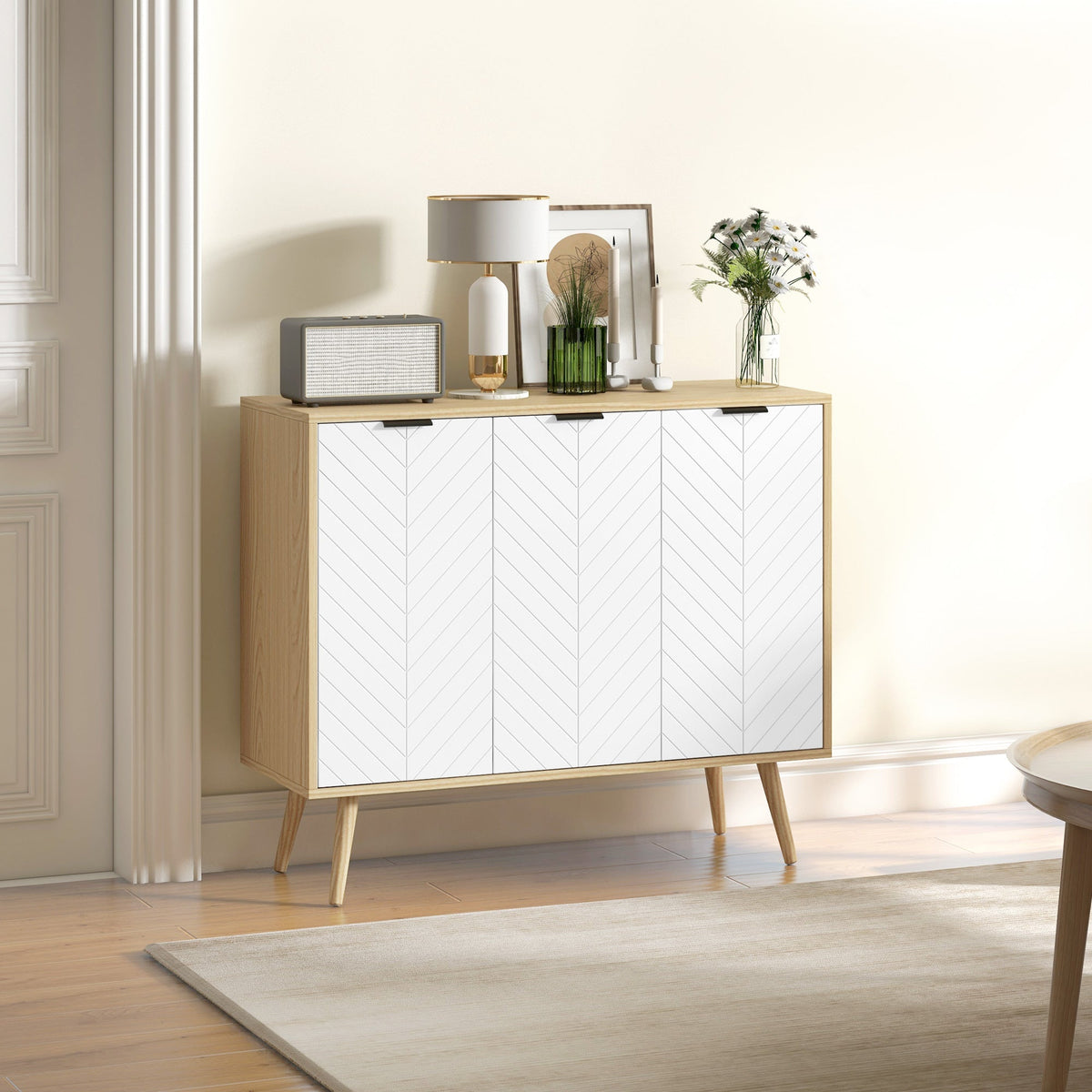 Modern Sideboard Buffet Cabinet, 91.5 cm Kitchen Storage Cabinet with 3 Doors and 2 Adjustable Shelves for Kitchen, Dining Room, Living Room, White