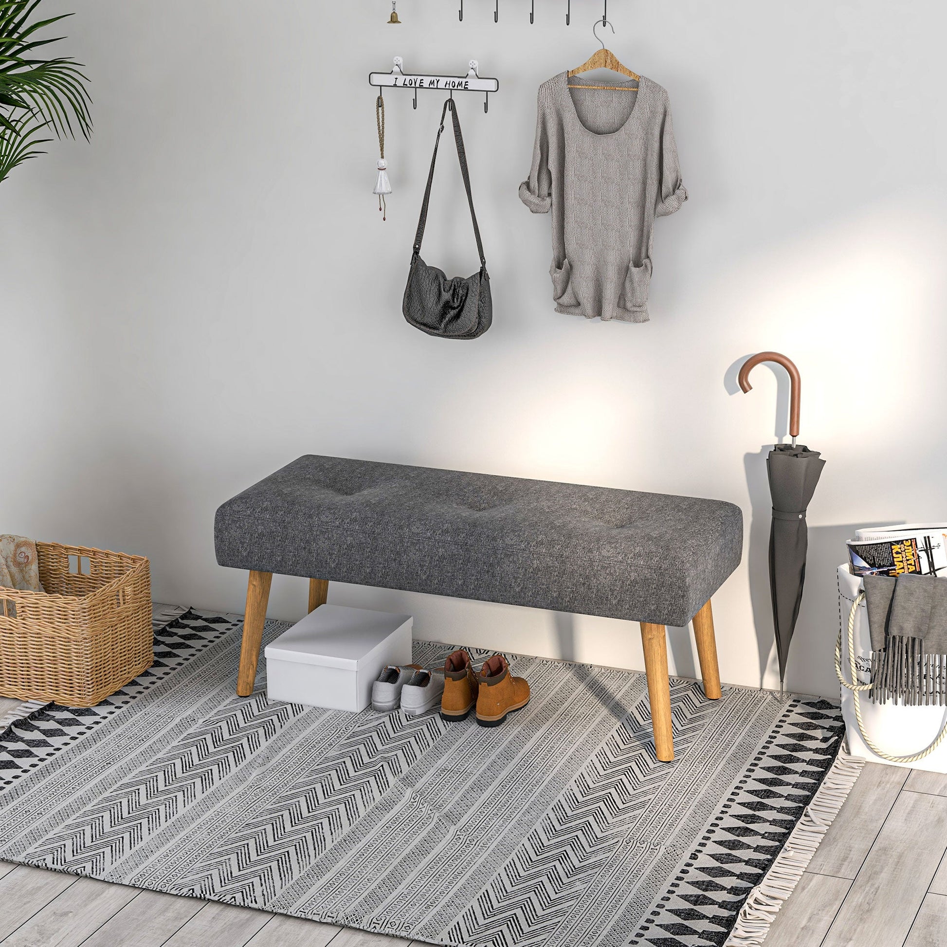 HOMCOM Multifunctional Bed End Bench Tufted Upholstered Shoe Bench Ottoman Footstool Linen Fabric for Entryway Living Room Grey