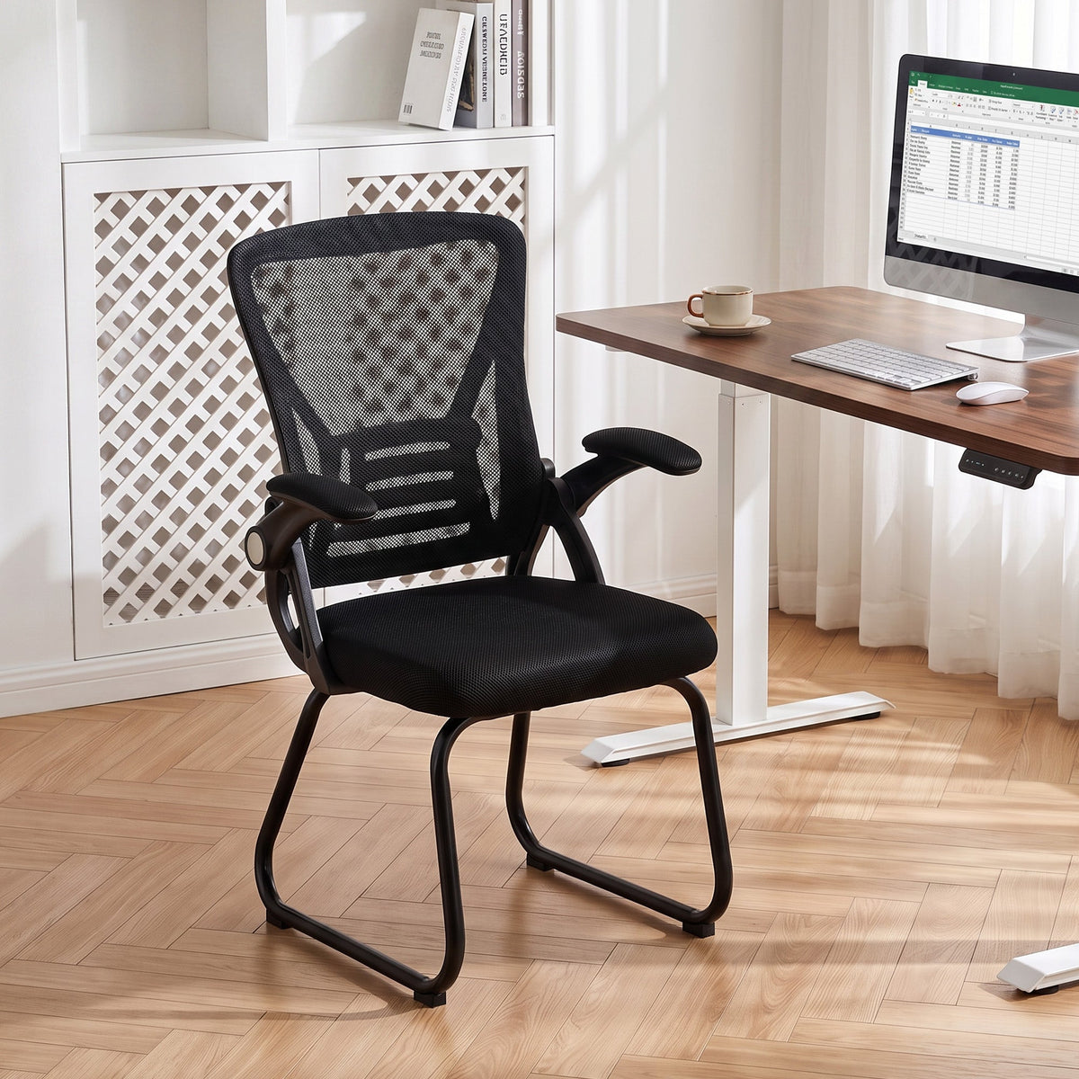 Desk Chair No Wheels with Flip-up Armrests, Mesh Office Chair with Steel Legs for Home Conference Room, Bedroom, Waiting, Reception, Black