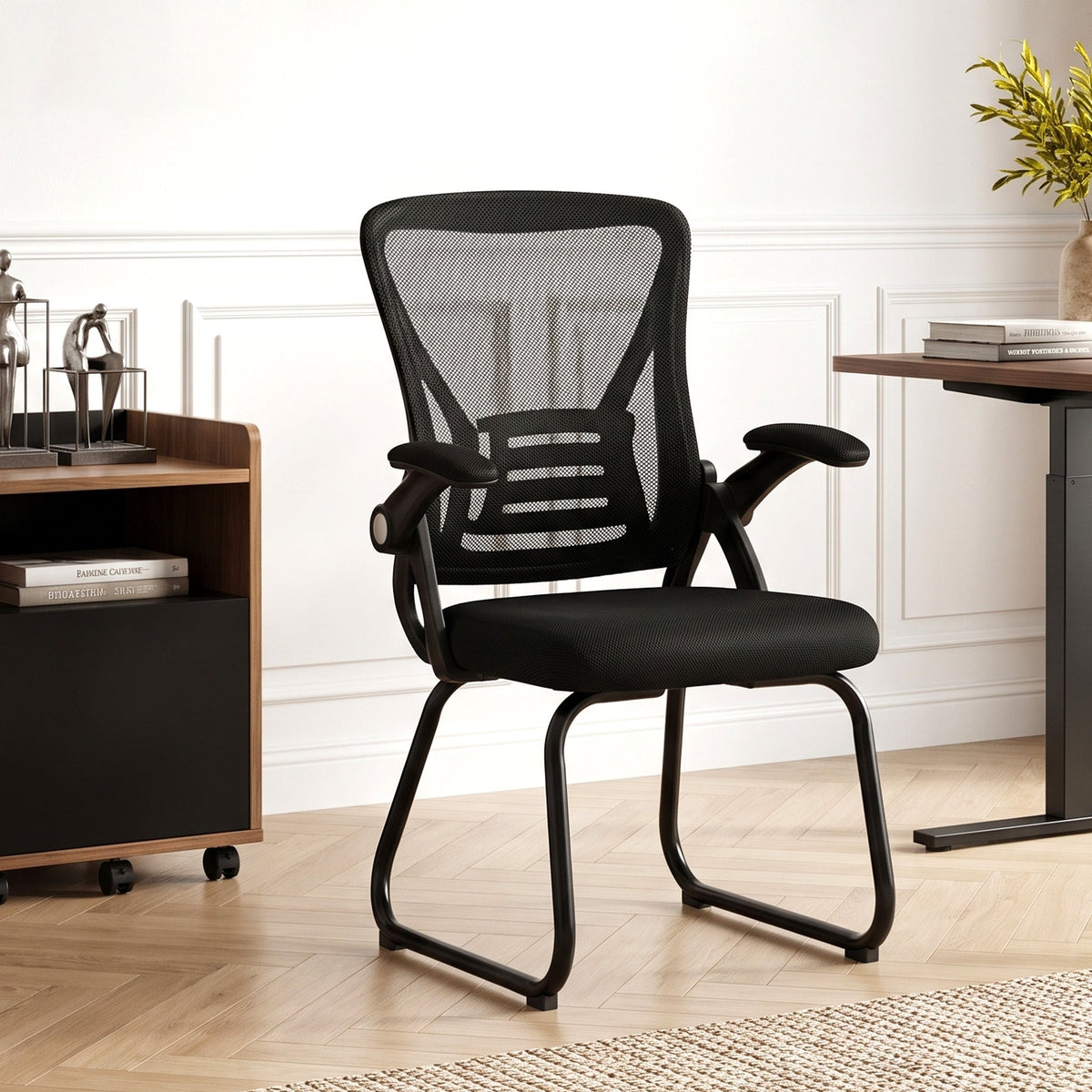 Desk Chair No Wheels with Flip-up Armrests, Mesh Office Chair with Steel Legs for Home Conference Room, Bedroom, Waiting, Reception, Black