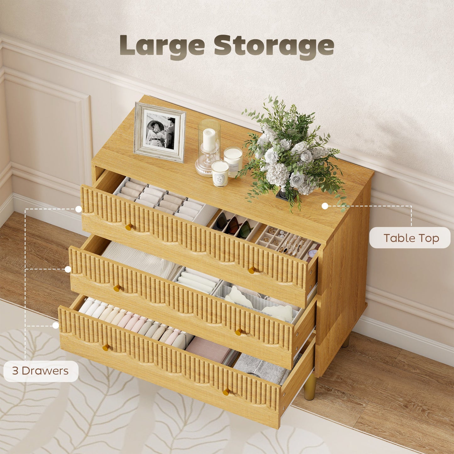 Chest of Drawers, 3 Drawer Dresser, Storage Cabinet with Steel Legs and Wooden Top for Bedroom, Living Room, Oak