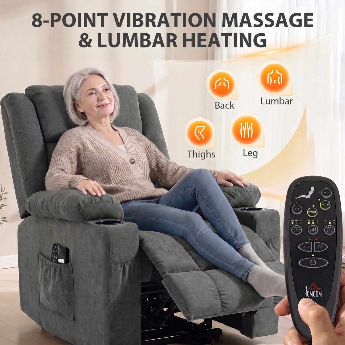 Dual Motor Recliner Chair Lift Chair for Elderly, 55° Electric Riser Recliner Armchair with Massage and Heat, Terry Cloth Power Reclining Lounge Sofa, 2 Cup Holders, Side Pockets, Dark Grey