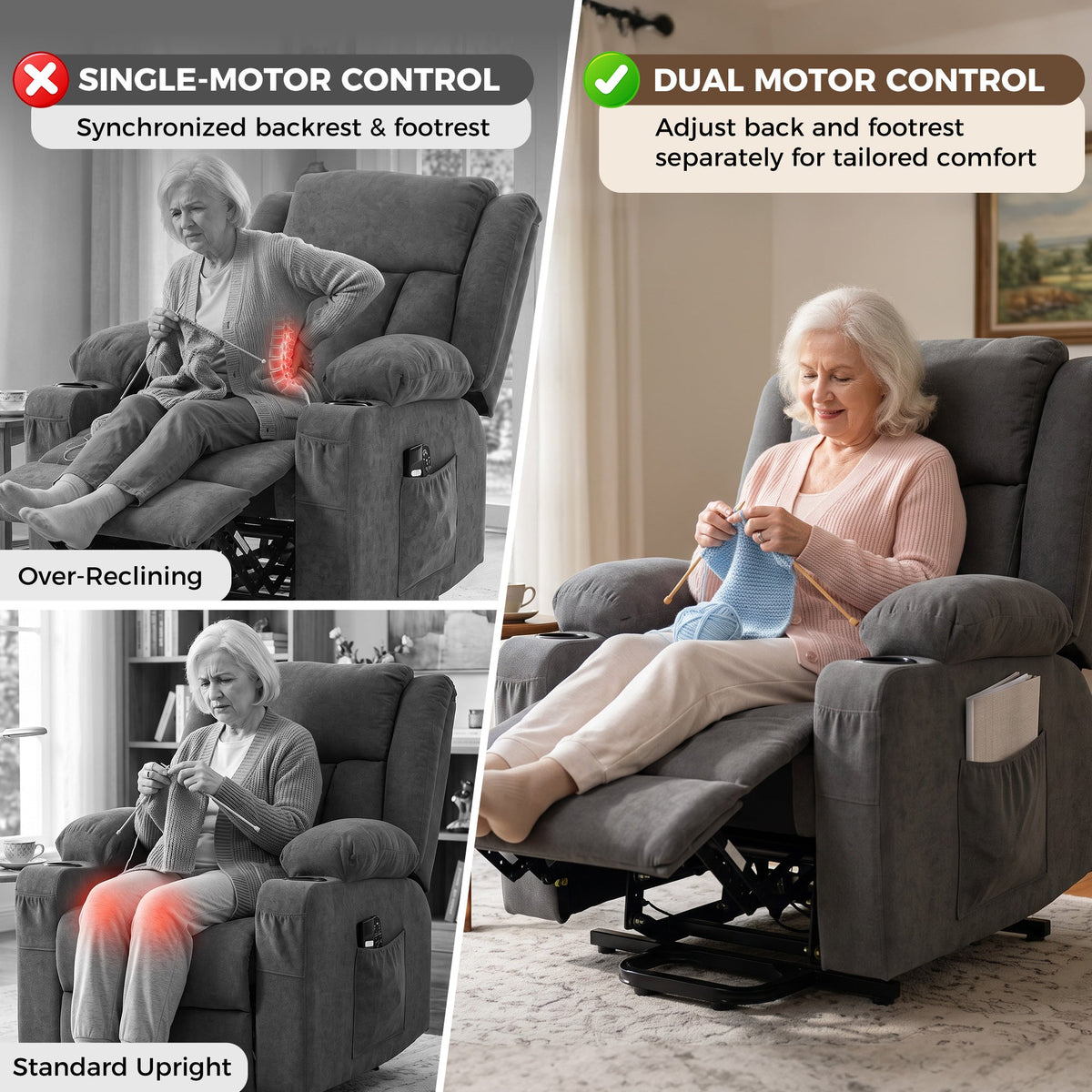 Dual Motor Recliner Chair Lift Chair for Elderly, 55° Electric Riser Recliner Armchair with Massage and Heat, Terry Cloth Power Reclining Lounge Sofa, 2 Cup Holders, Side Pockets, Dark Grey