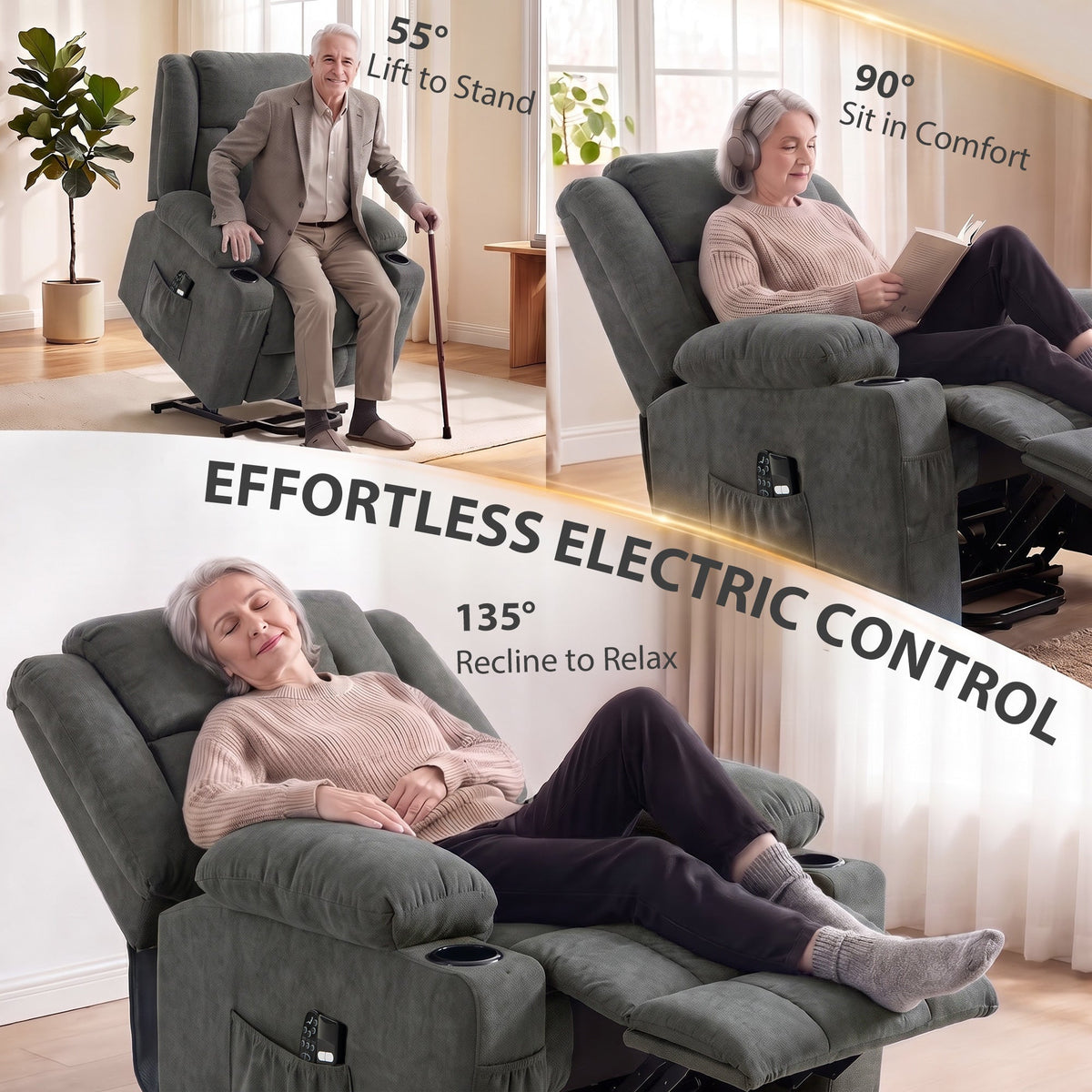 Dual Motor Recliner Chair Lift Chair for Elderly, 55° Electric Riser Recliner Armchair with Massage and Heat, Terry Cloth Power Reclining Lounge Sofa, 2 Cup Holders, Side Pockets, Dark Grey