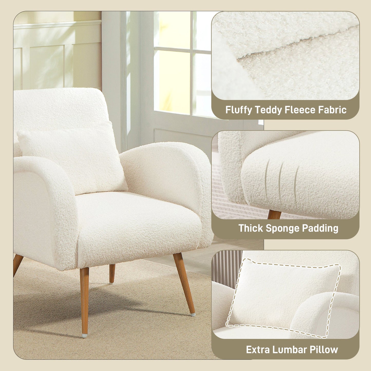 Modern Accent Chair, Teddy Fleece Upholstered Armchair with Lumbar Pillow, Metal Legs, Reading Lounge Chair for Living Room, Bedroom, Cream White