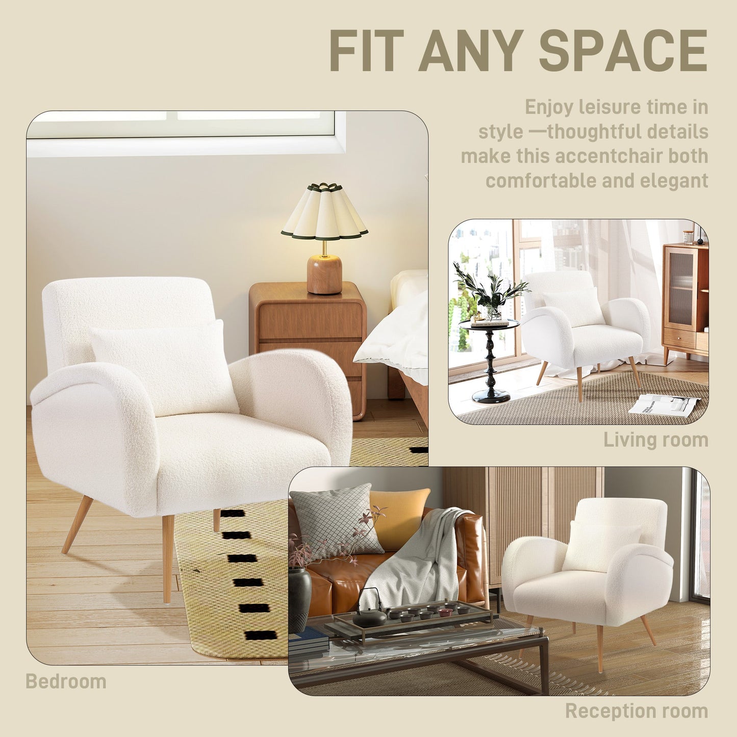 Modern Accent Chair, Teddy Fleece Upholstered Armchair with Lumbar Pillow, Metal Legs, Reading Lounge Chair for Living Room, Bedroom, Cream White