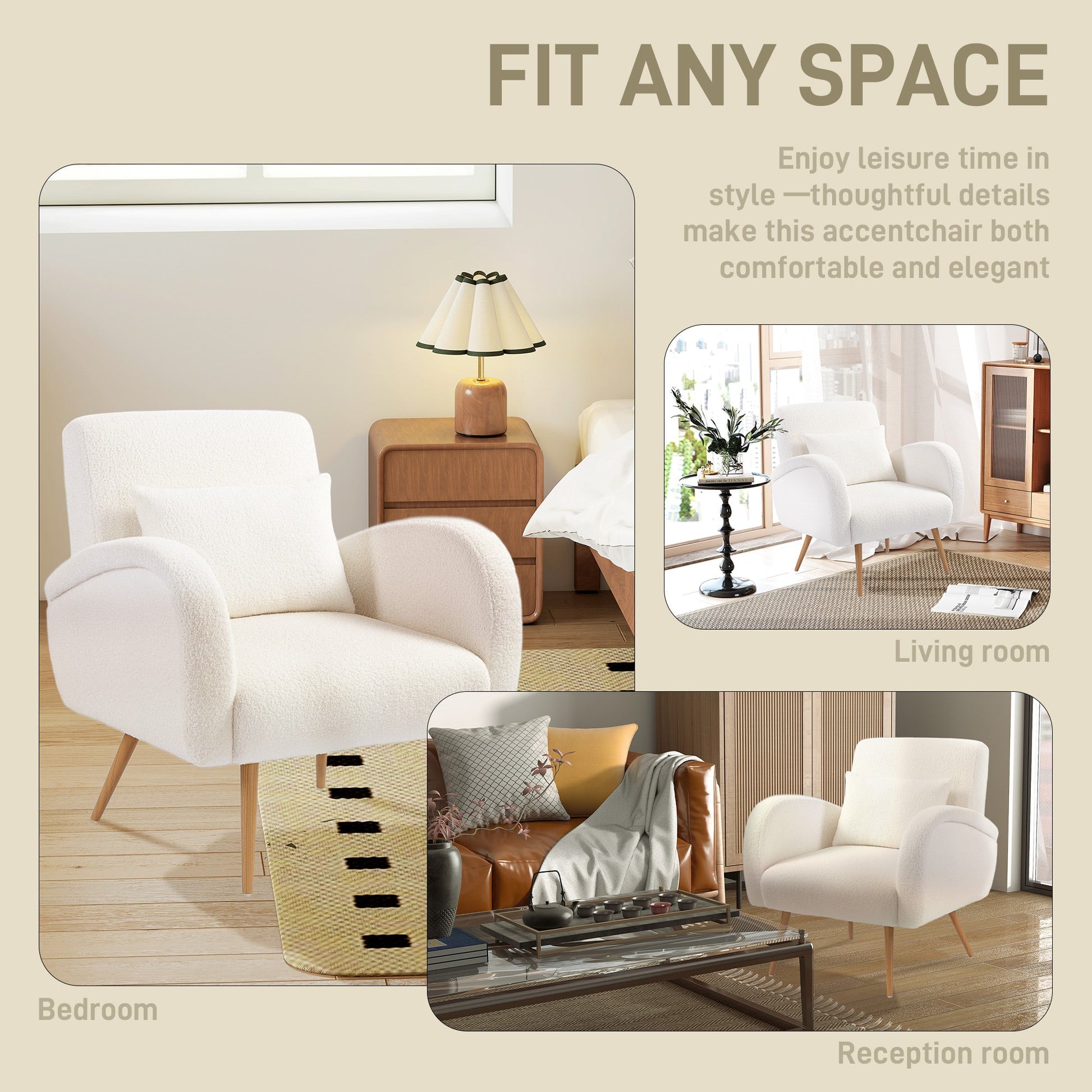 Modern Accent Chair, Teddy Fleece Upholstered Armchair with Lumbar Pillow, Metal Legs, Reading Lounge Chair for Living Room, Bedroom, Cream White