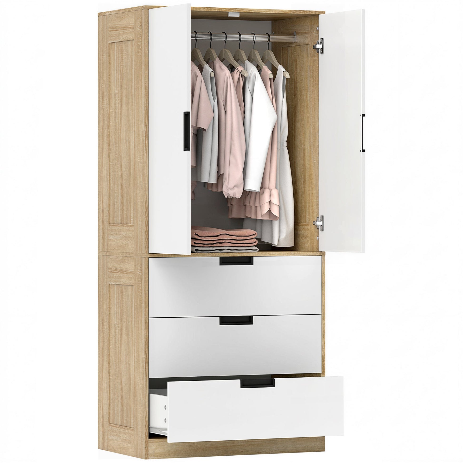 2 Door Wardrobe with 3 Drawers & Hanging Rail, Modern Clothes Storage Cupboard Unit, Bedroom Wardrobe with Soft Closing Hinge, 50D x 80W x 180Hcm, Oak