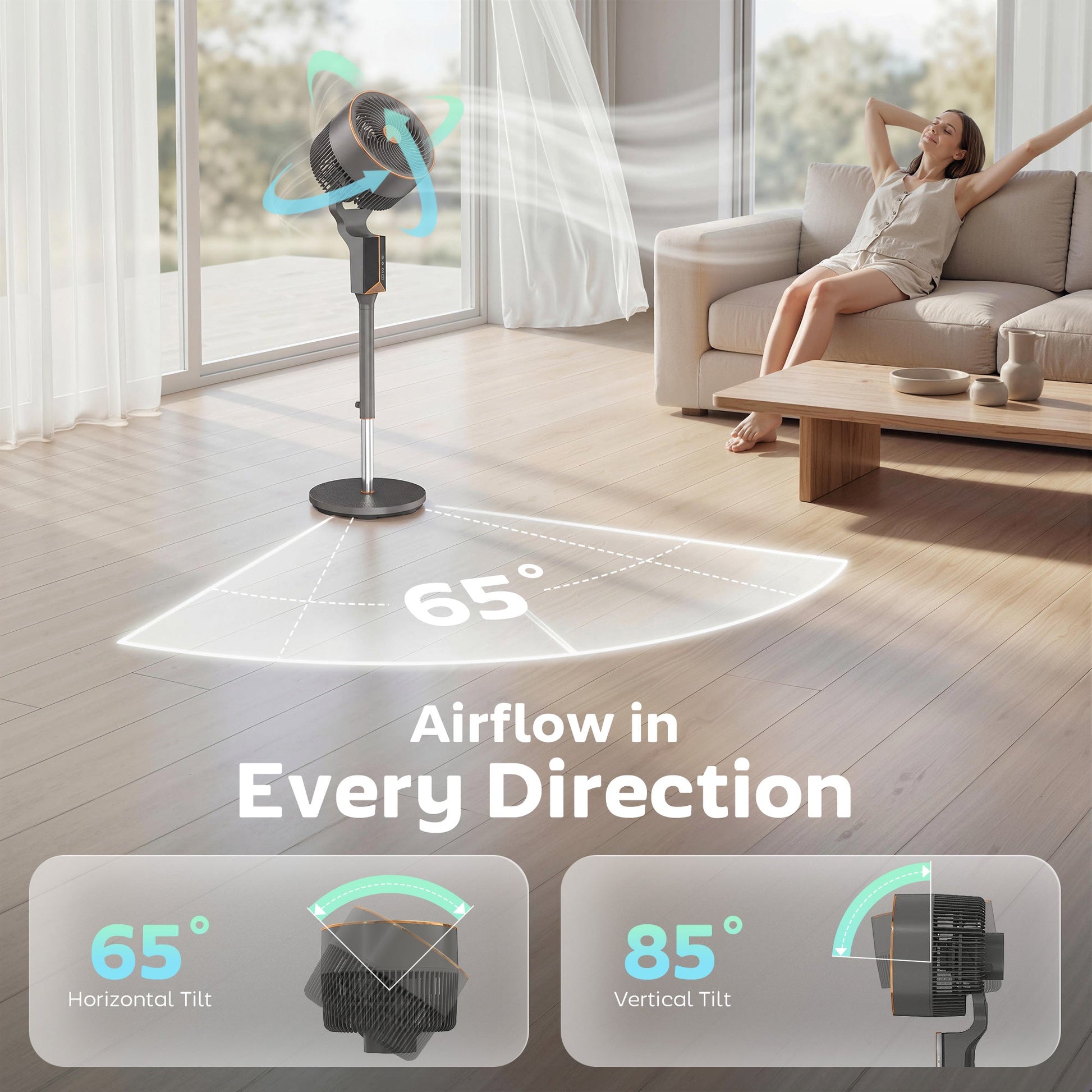 20 dB Silent Standing Fan for Bedroom, 46" Pedestal Fan with 65° Oscillating, 85° Vertical Tilt, 8 Speeds, Remote Control, 12H Timer, Adjustable Height, Grey