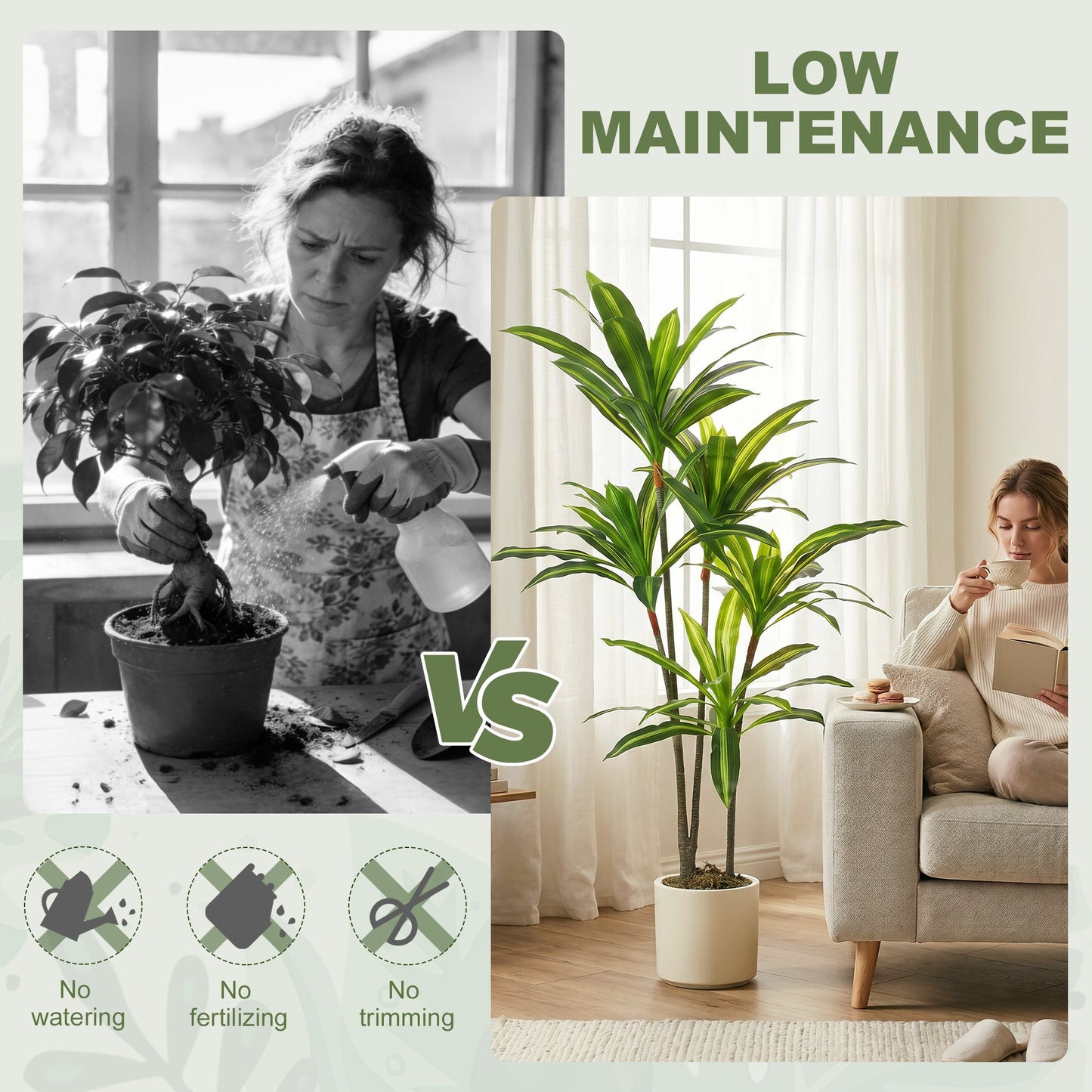 Set of 2 150cm Artificial Dracaena Trees, Decorative Artificial Plants with Bendable Trunks and White Planters for Living Room Bedroom Home Office Decor, Green