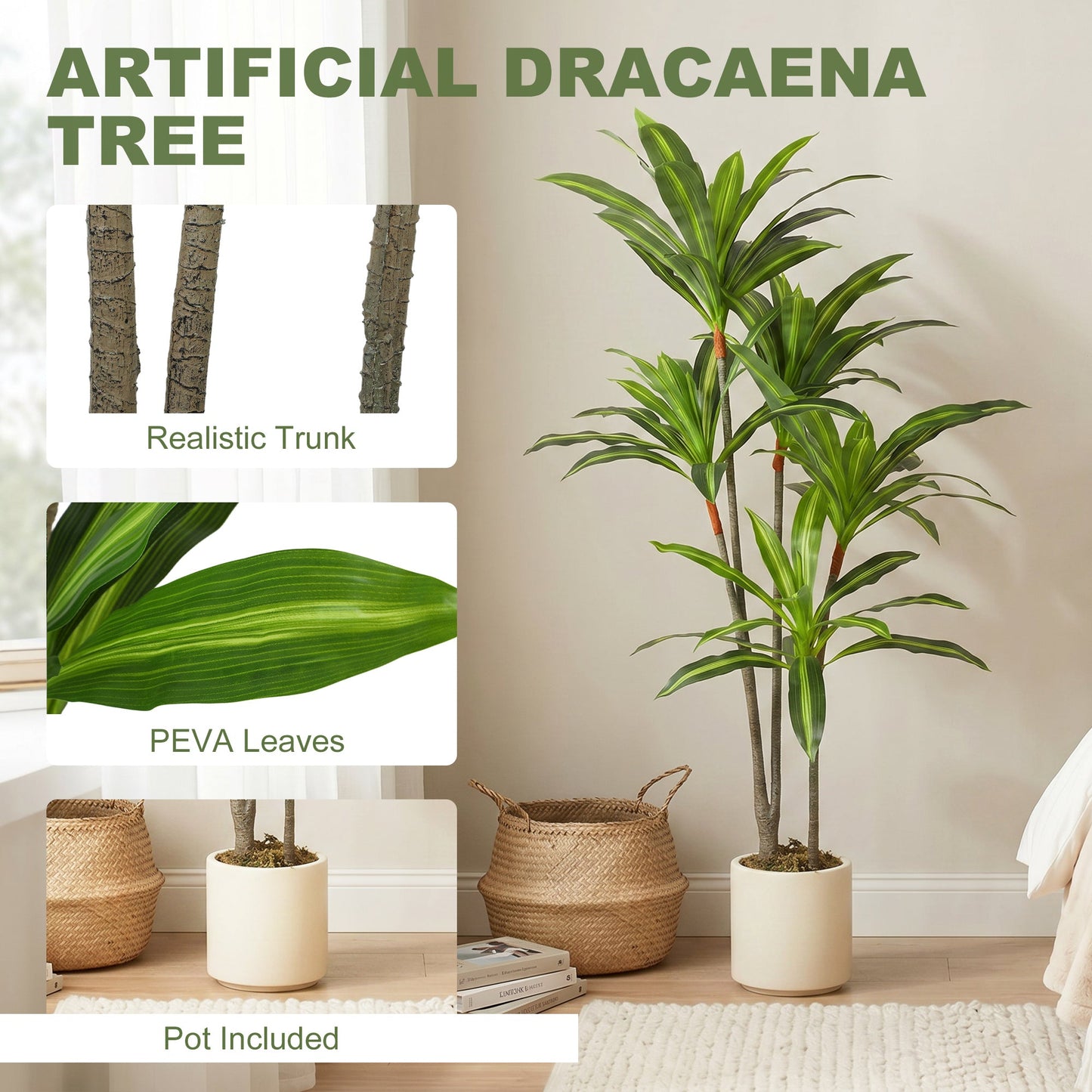 Set of 2 150cm Artificial Dracaena Trees, Decorative Artificial Plants with Bendable Trunks and White Planters for Living Room Bedroom Home Office Decor, Green