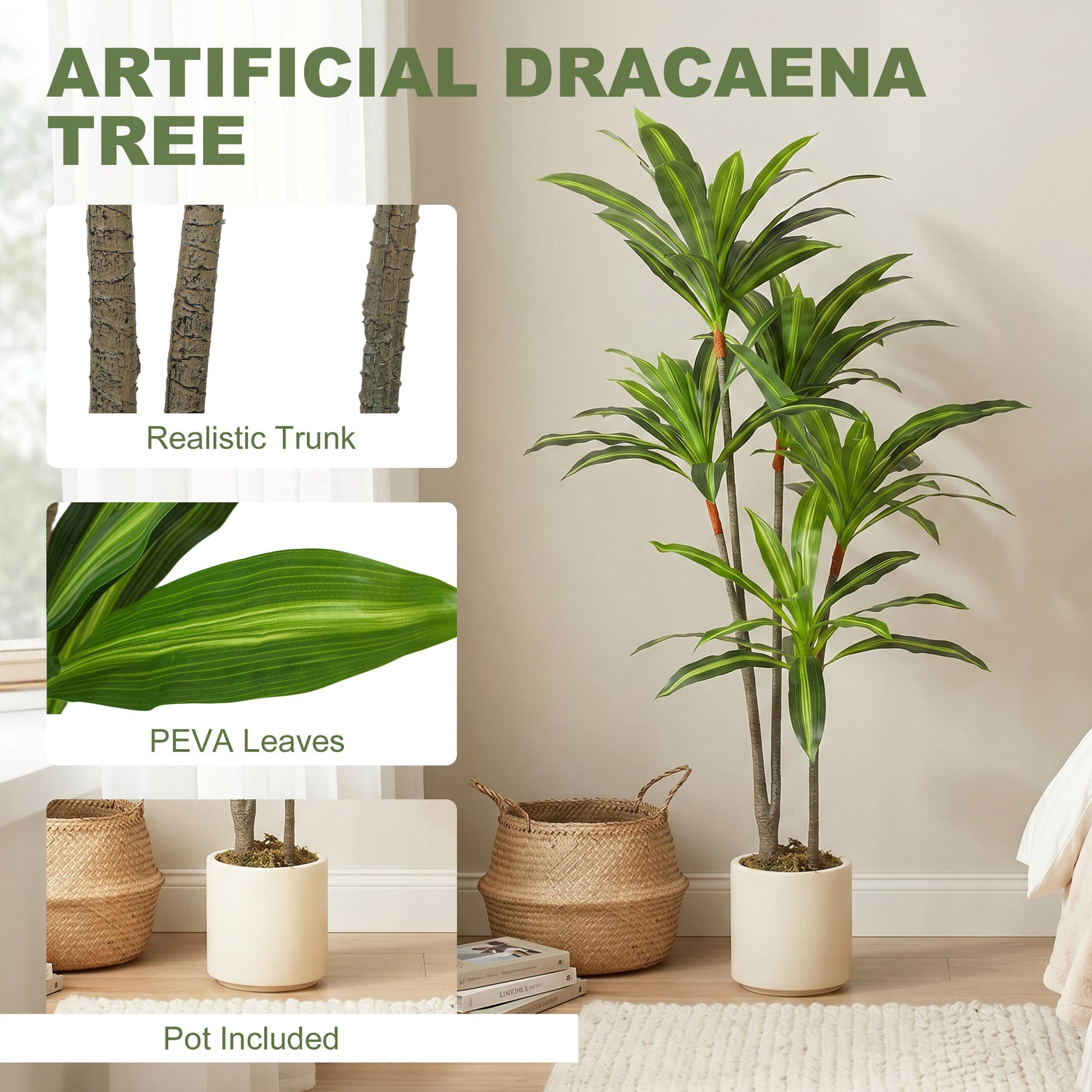 Set of 2 150cm Artificial Dracaena Trees, Decorative Artificial Plants with Bendable Trunks and White Planters for Living Room Bedroom Home Office Decor, Green