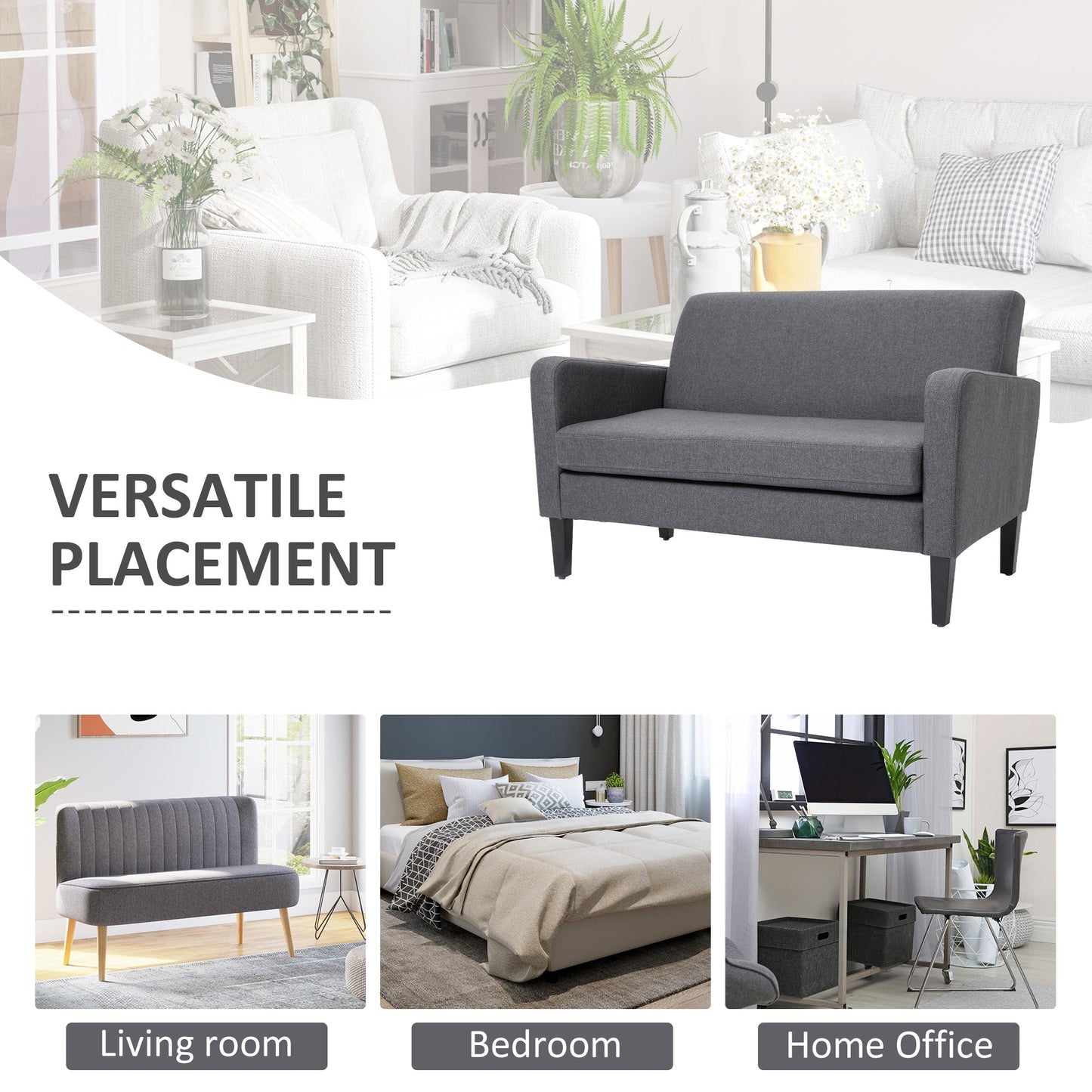 HOMCOM Linen Modern-Curved 2-Seat Sofa Loveseat w/ Thick Cushion Wood Legs Foot Pads Single Compact Home Furniture City Flats Grey