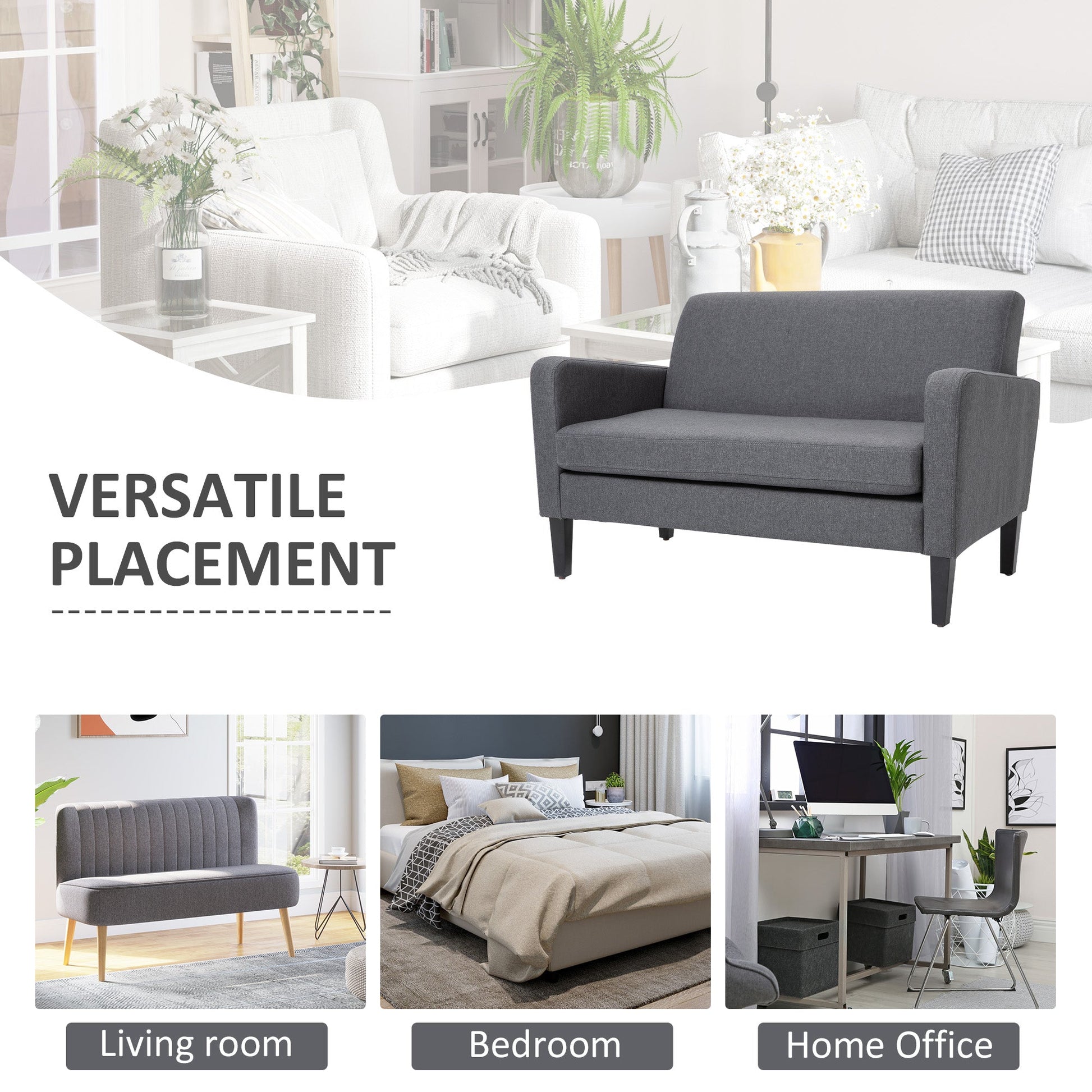 HOMCOM Linen Modern-Curved 2-Seat Sofa Loveseat w/ Thick Cushion Wood Legs Foot Pads Single Compact Home Furniture City Flats Grey