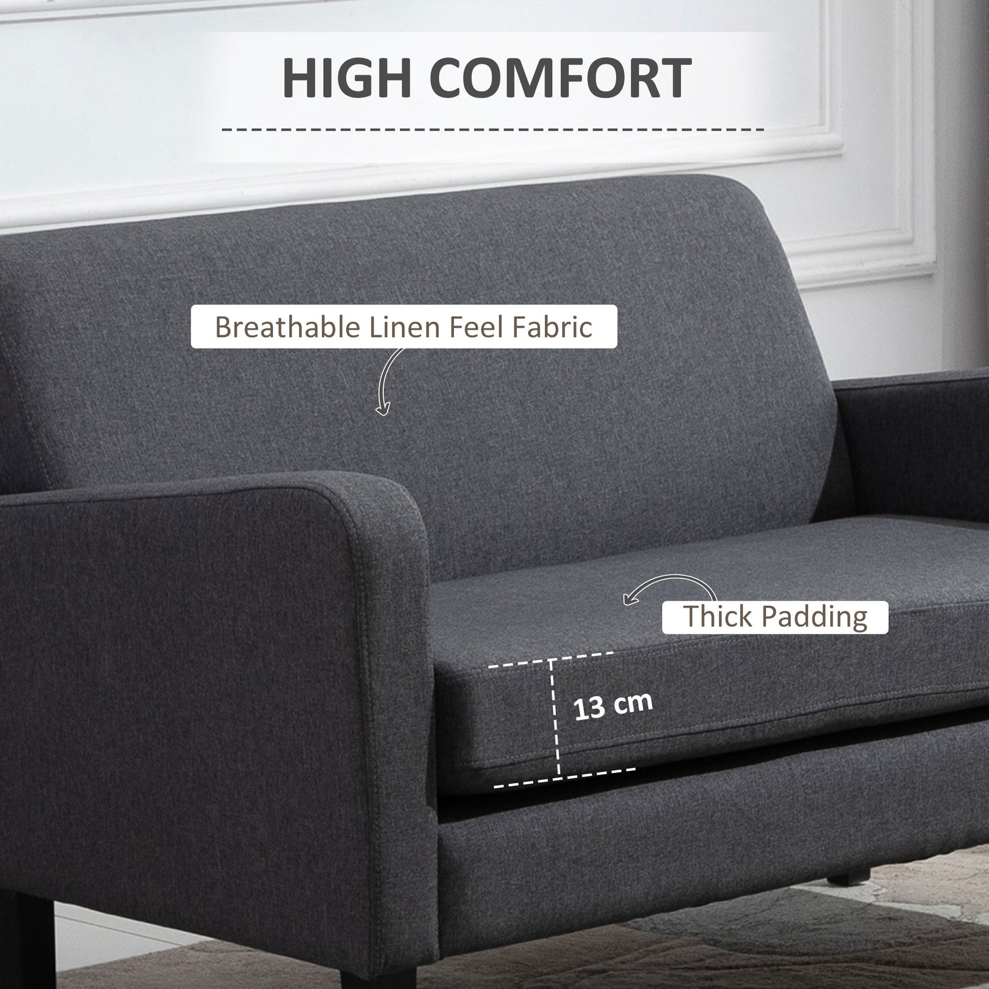 HOMCOM Linen Modern-Curved 2-Seat Sofa Loveseat w/ Thick Cushion Wood Legs Foot Pads Single Compact Home Furniture City Flats Grey