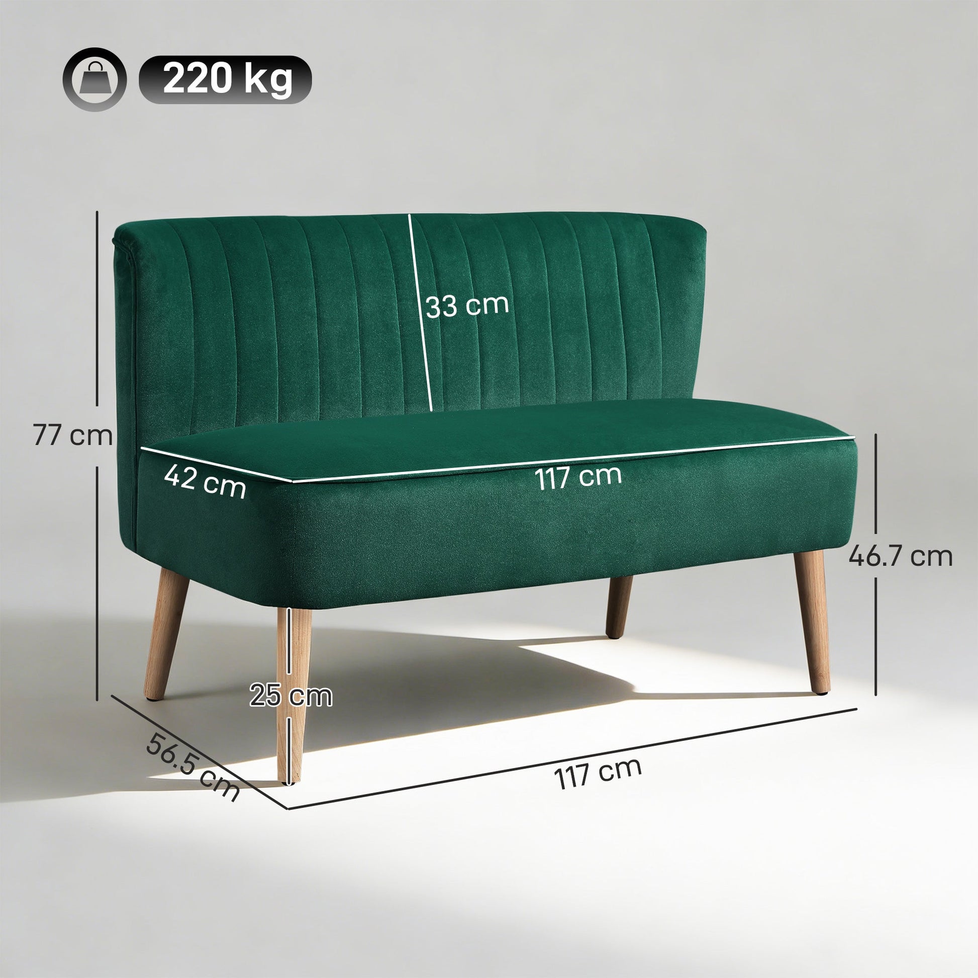 46" Loveseat Sofa, Linen Fabric Upholstered 2 Seater Small Sofa with Thick Padded Seat and Rubber Wood Legs for Living Room, Home Office, Dark Green