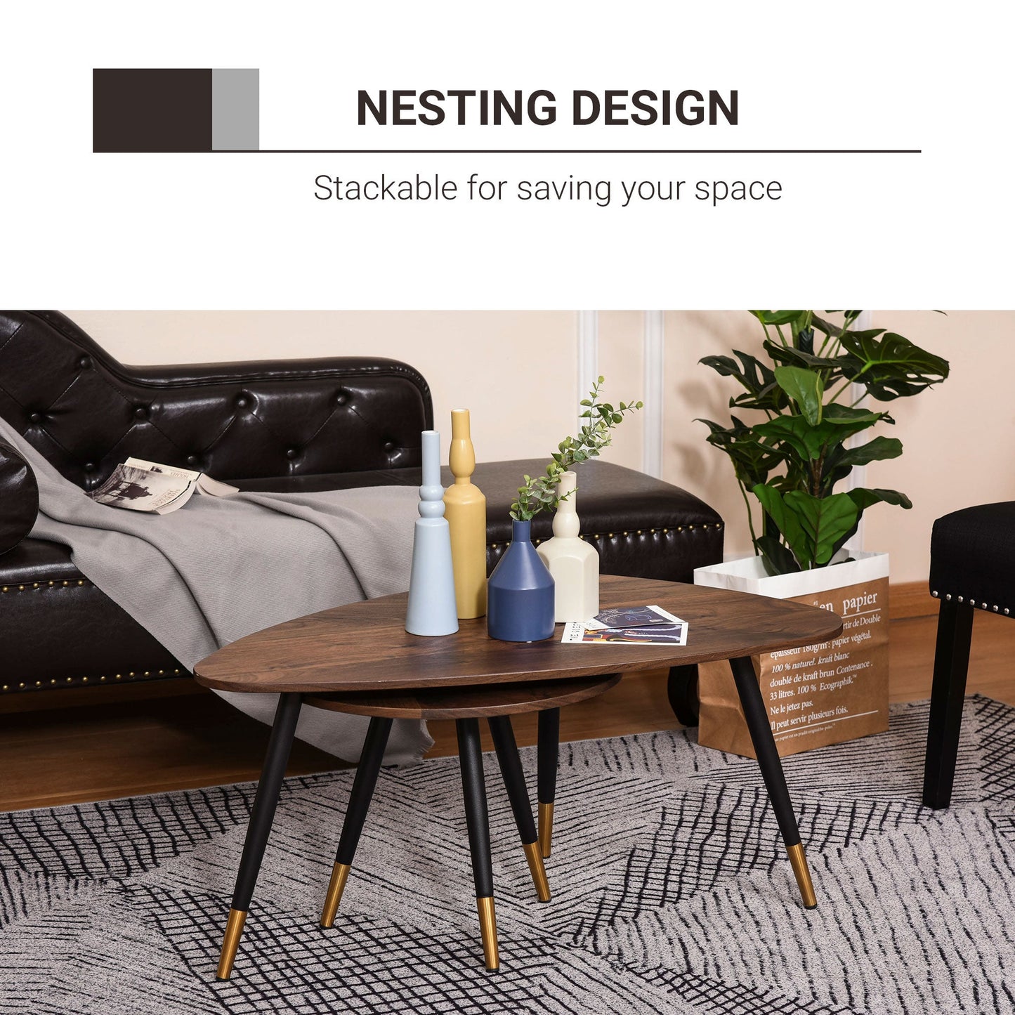 HOMCOM Coffee Table Set of 2, Nesting Coffee End Tables with Modern Decor, Side Table Triangle Occasional Stand Tea Table for Living Room Home and Office, Walnut
