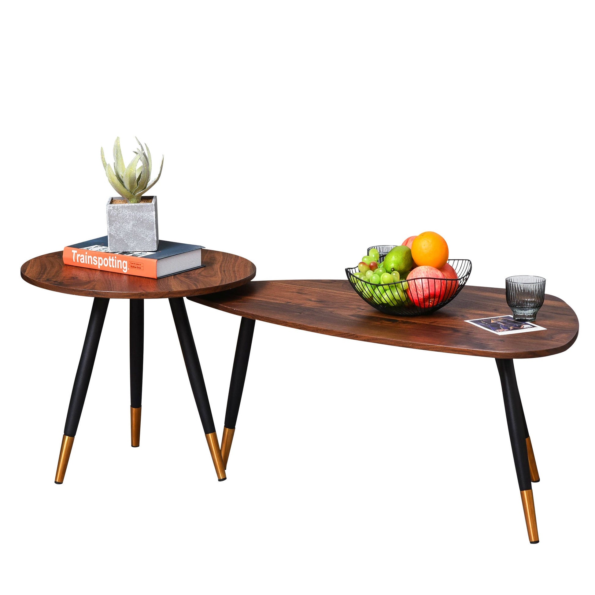 HOMCOM Coffee Table Set of 2, Nesting Coffee End Tables with Modern Decor, Side Table Triangle Occasional Stand Tea Table for Living Room Home and Office, Walnut
