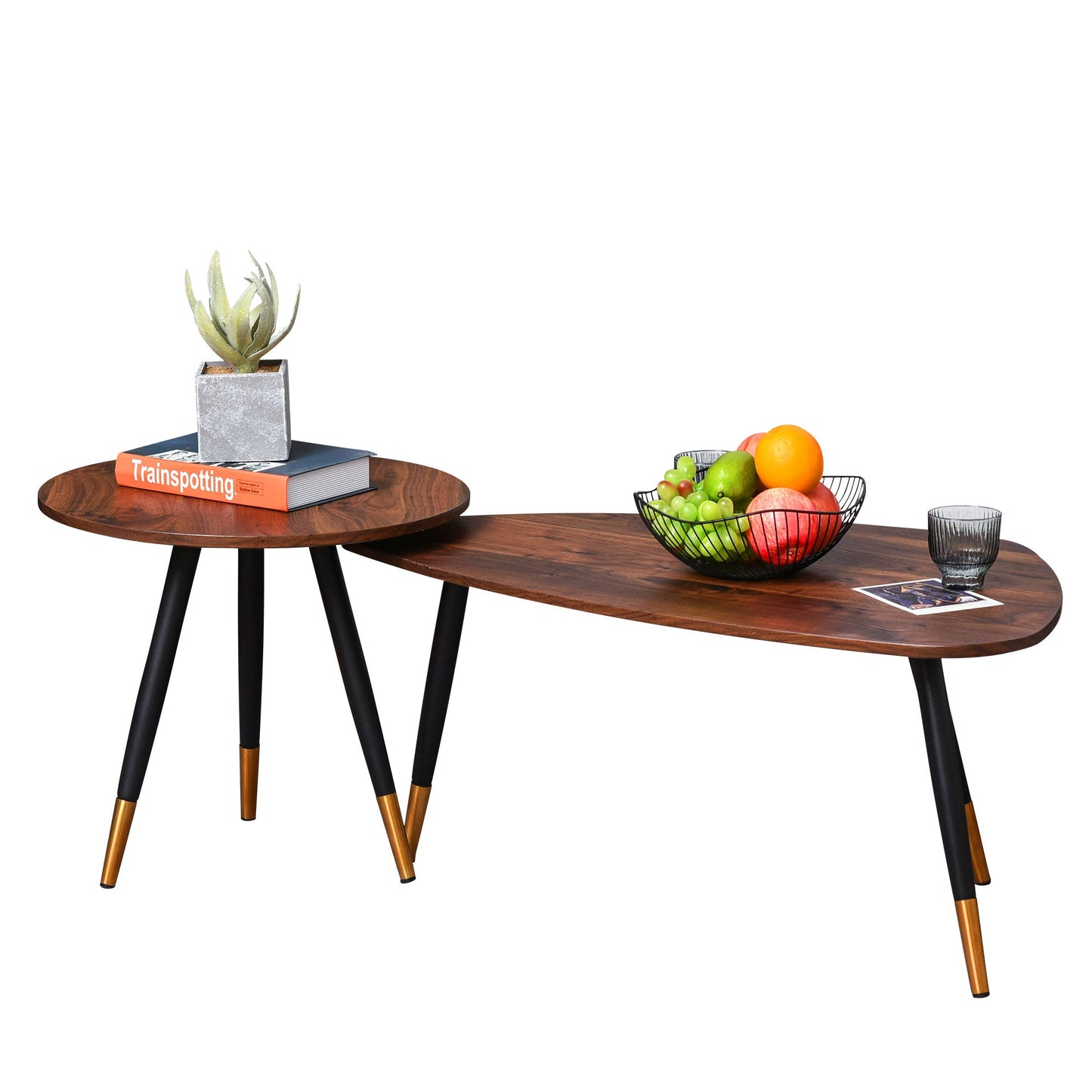 HOMCOM Coffee Table Set of 2, Nesting Coffee End Tables with Modern Decor, Side Table Triangle Occasional Stand Tea Table for Living Room Home and Office, Walnut