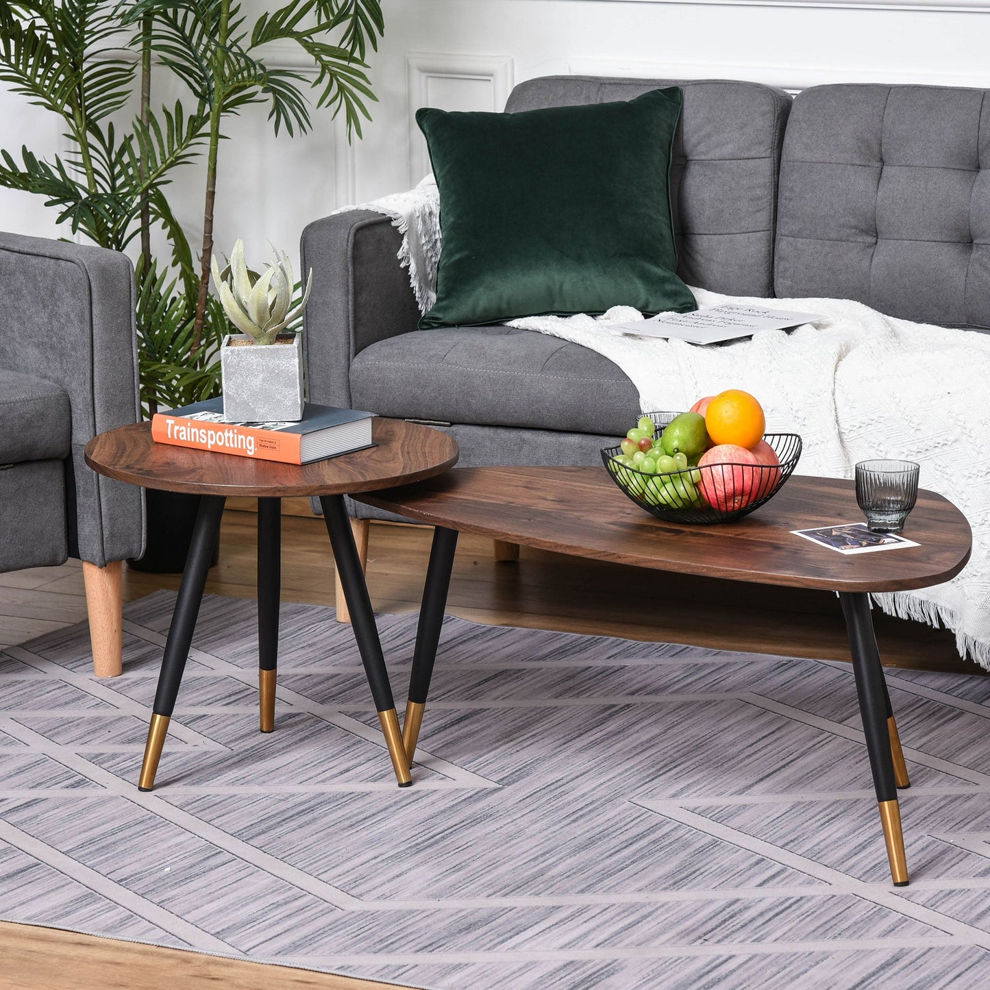 HOMCOM Coffee Table Set of 2, Nesting Coffee End Tables with Modern Decor, Side Table Triangle Occasional Stand Tea Table for Living Room Home and Office, Walnut