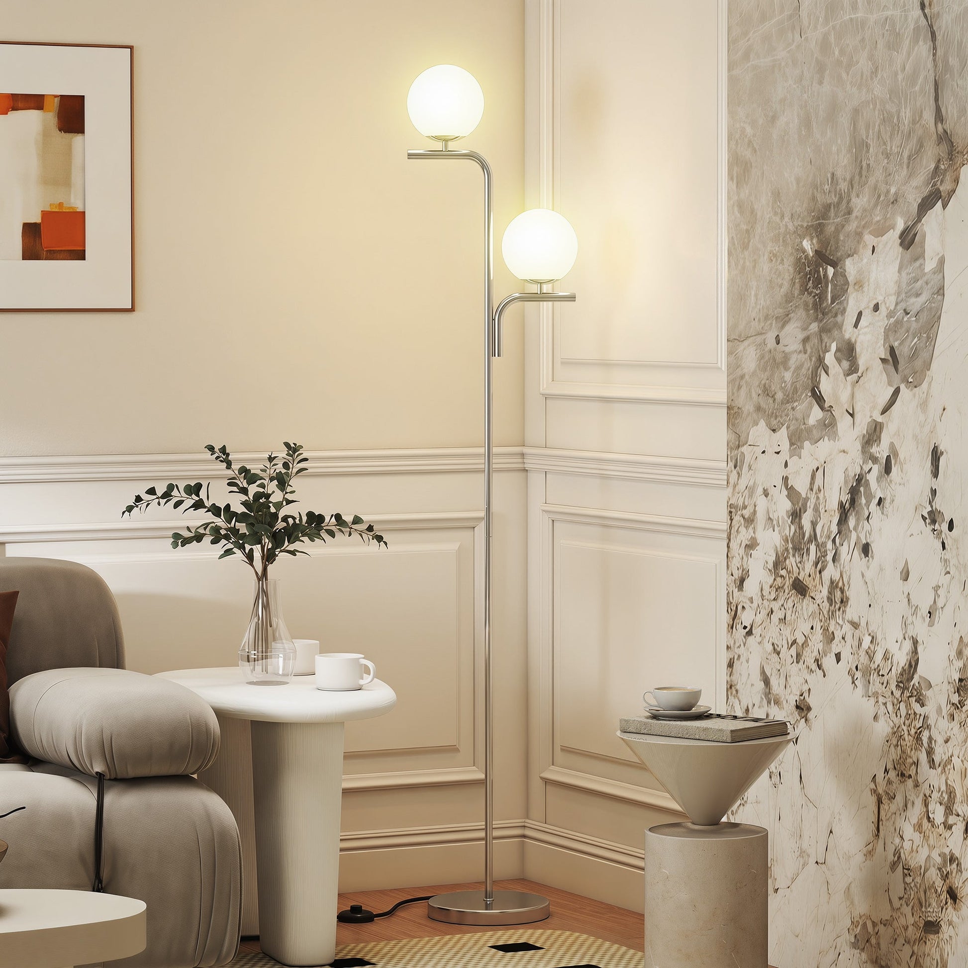 LED Floor Lamp, Modern Standing Lamp with 3 Colour Temperatures, Globe Glass Shades and Foot Switch, for Living Room Bedroom Home Office, Silver Tone