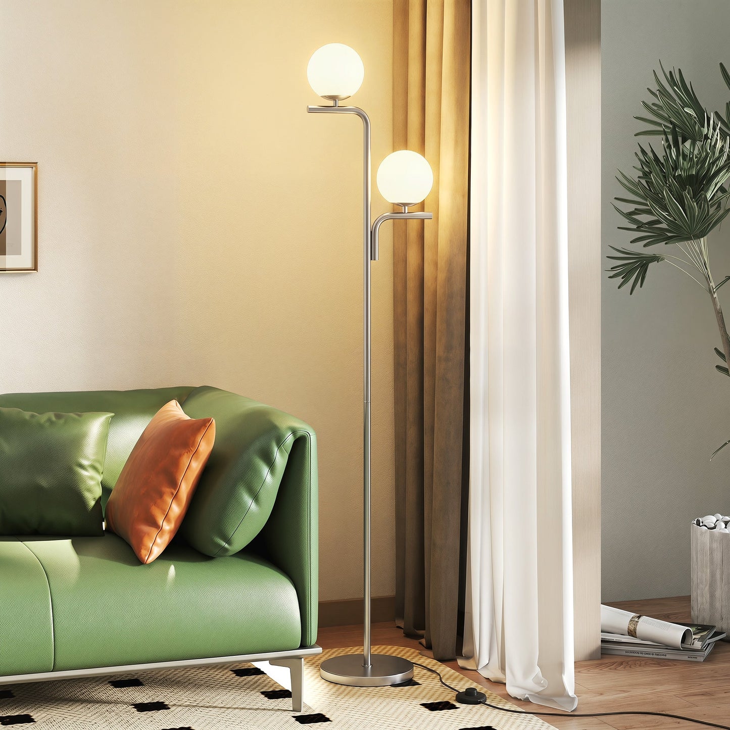 LED Floor Lamp, Modern Standing Lamp with 3 Colour Temperatures, Globe Glass Shades and Foot Switch, for Living Room Bedroom Home Office, Silver Tone