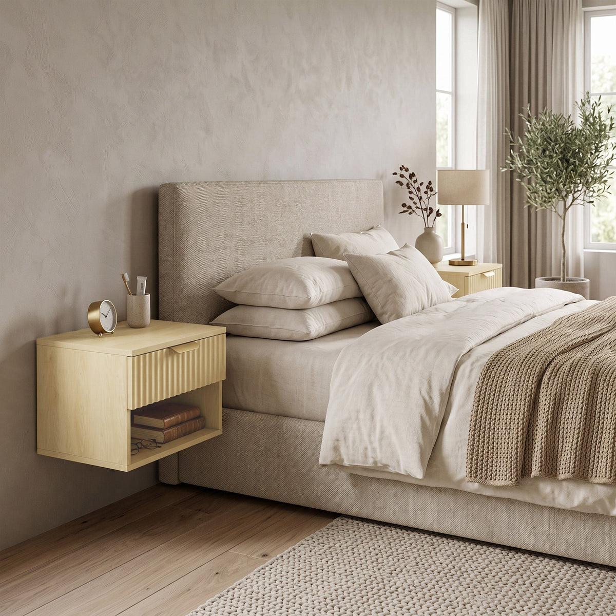 Floating Nightstands Set of 2, Modern Wall-Mounted Bedside Tables with Fluted Drawer and Open Shelf for Bedroom, Oak