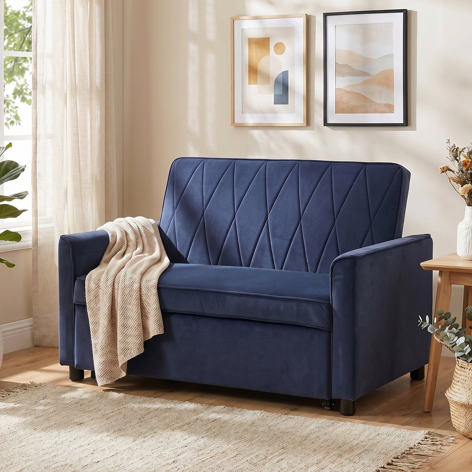 2 Seater Sofa Bed, 3-in-1 Convertible Pull Out Sleeper Sofa, Velvet Loveseat Bed Settee with Clik-Clack Adjustable Backrest, High-Density Foam for Living Room, Bedroom, Guest Room, Dark Blue