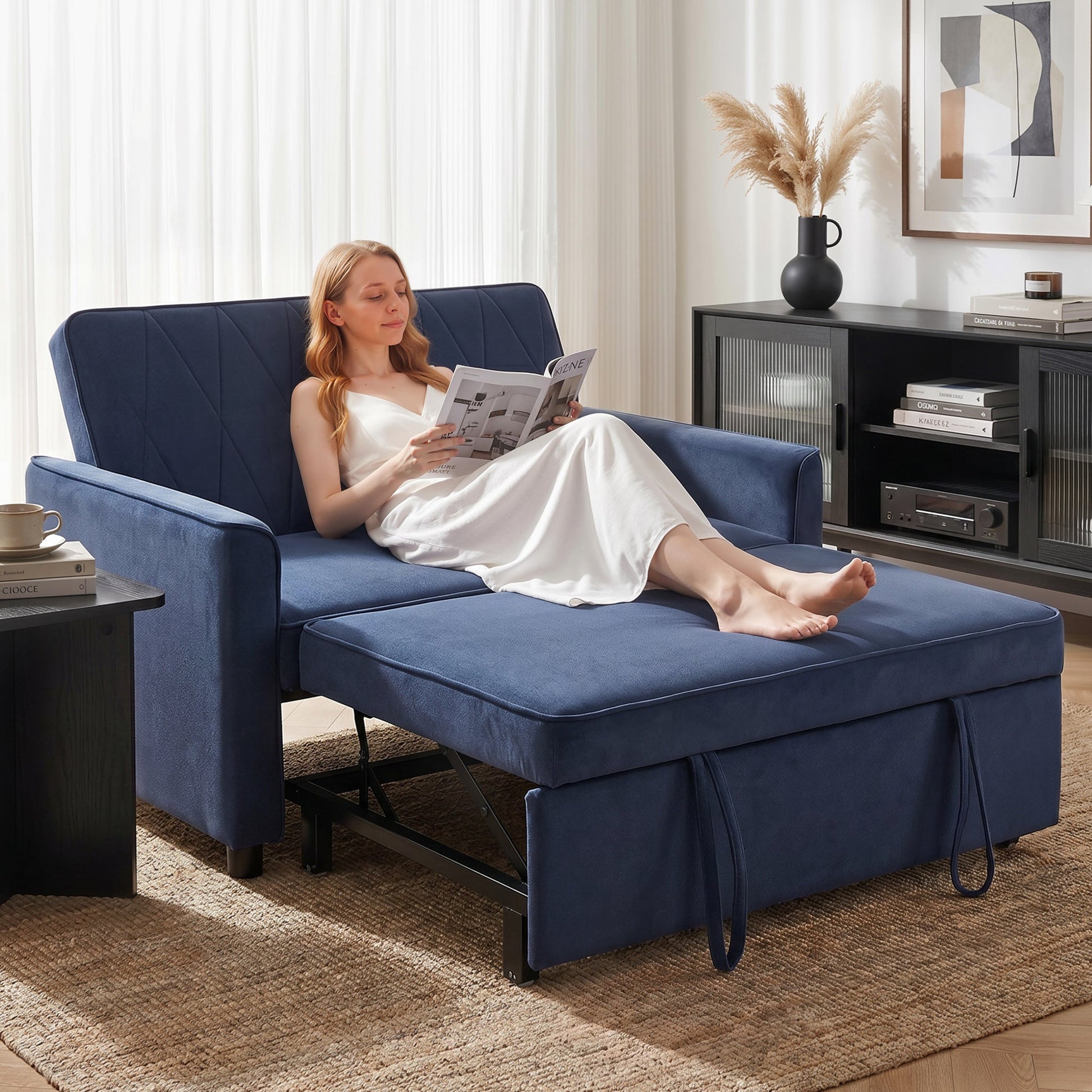 2 Seater Sofa Bed, 3-in-1 Convertible Pull Out Sleeper Sofa, Velvet Loveseat Bed Settee with Clik-Clack Adjustable Backrest, High-Density Foam for Living Room, Bedroom, Guest Room, Dark Blue