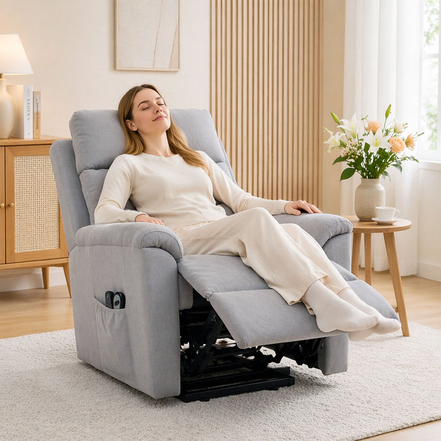 Power Lift Recliner Chair with Vibration Massage and Heat, Terry Cloth Electric Lift Chair for Elderly with Spring Cushion, High Back, Remote, Recliner Armchair for Living Room, Light Grey