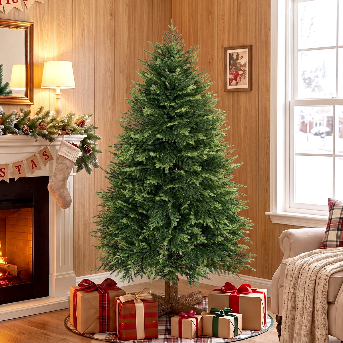 5ft Artificial Christmas Tree, Hinged Xmas Tree with Dense 513 PE & PVC Branch Tips, Realistic Fir Wood Base, Auto Open for Home Office Decor, Green