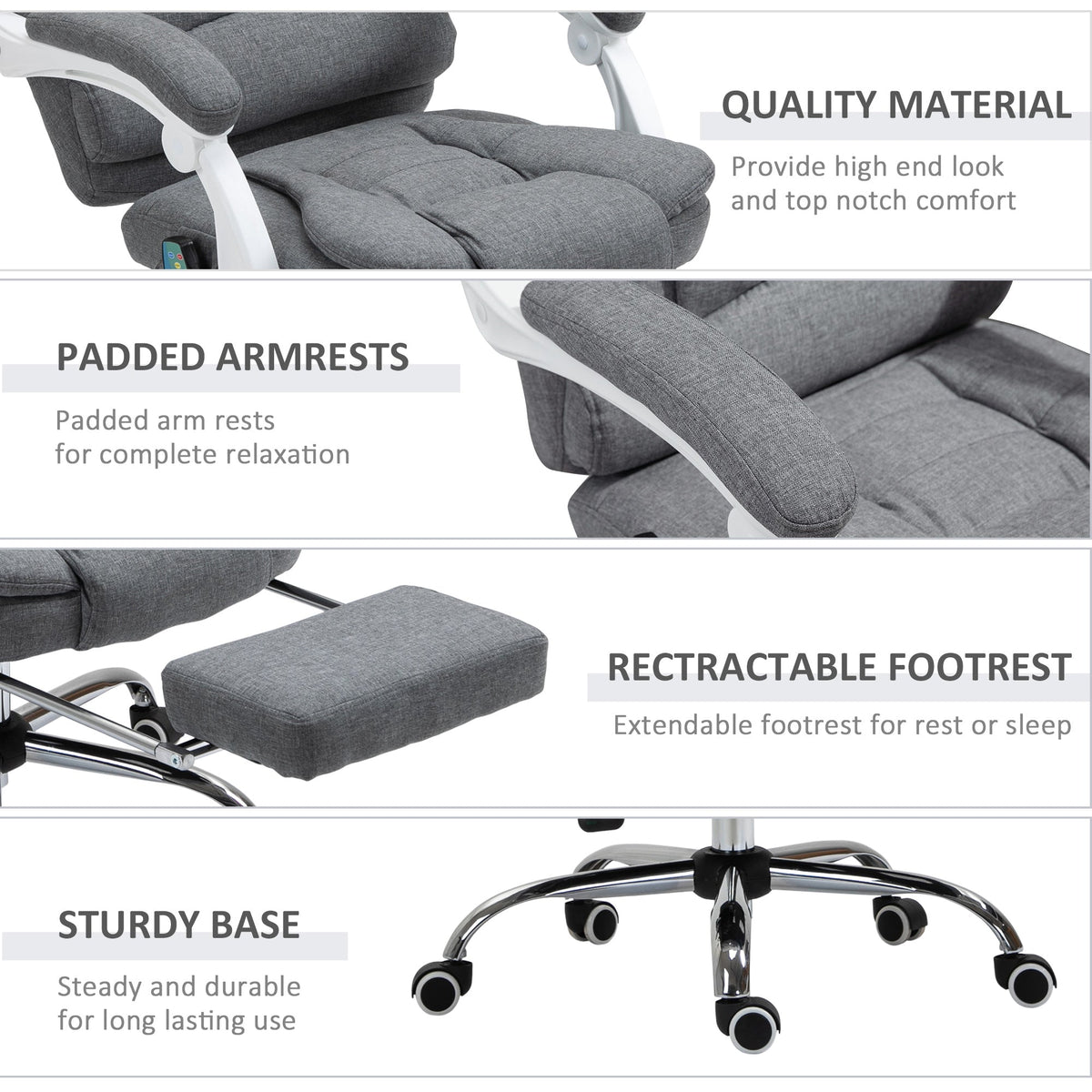 HOMCOM Heated 6 Points Vibration Massage Executive Office Chair Adjustable Swivel Ergonomic High Back Desk Chair Recliner with Footrest Grey