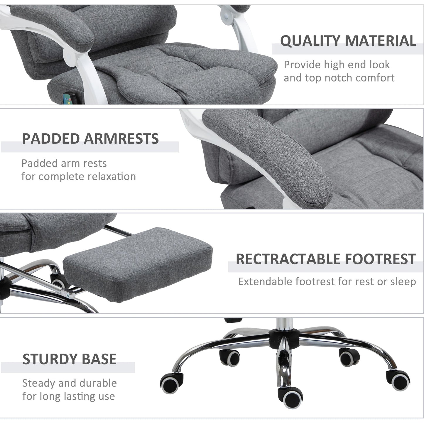 HOMCOM Heated 6 Points Vibration Massage Executive Office Chair Adjustable Swivel Ergonomic High Back Desk Chair Recliner with Footrest Grey