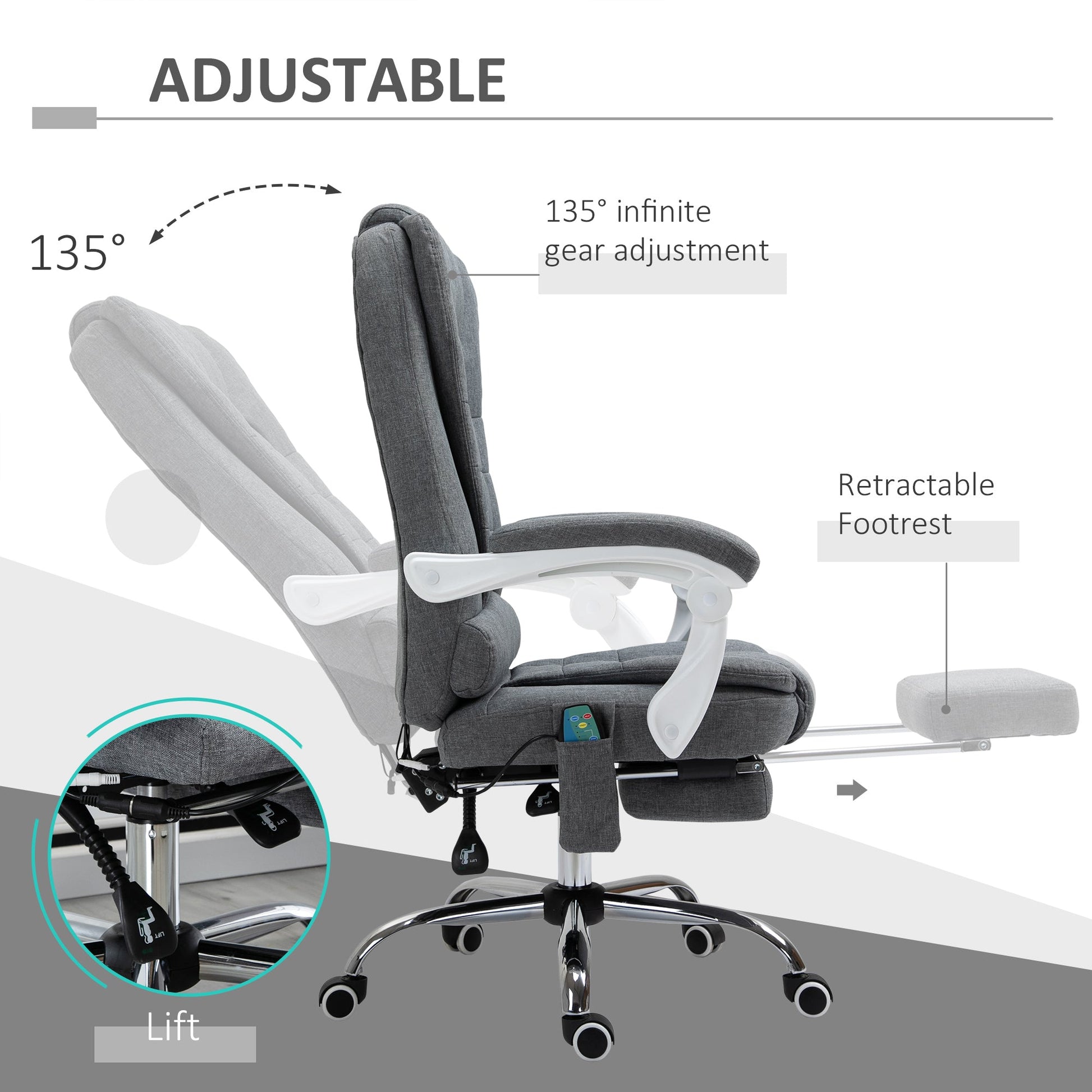HOMCOM Heated 6 Points Vibration Massage Executive Office Chair Adjustable Swivel Ergonomic High Back Desk Chair Recliner with Footrest Grey