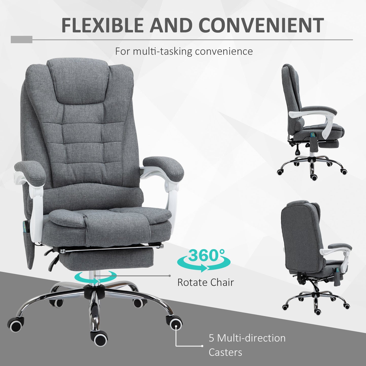 HOMCOM Heated 6 Points Vibration Massage Executive Office Chair Adjustable Swivel Ergonomic High Back Desk Chair Recliner with Footrest Grey