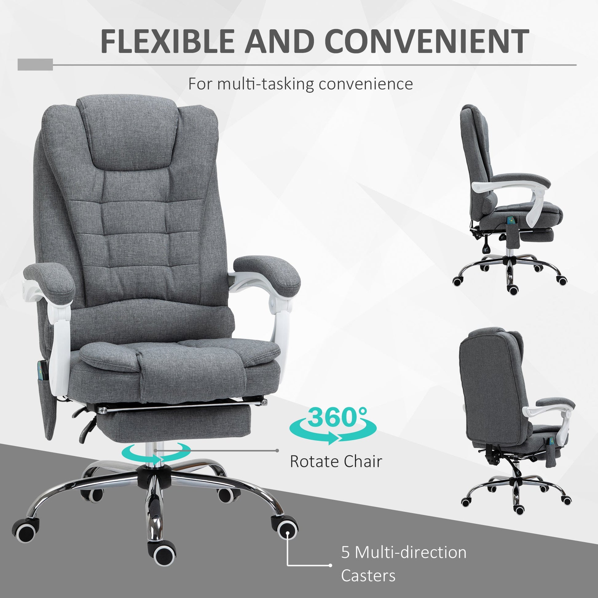 HOMCOM Heated 6 Points Vibration Massage Executive Office Chair Adjustable Swivel Ergonomic High Back Desk Chair Recliner with Footrest Grey
