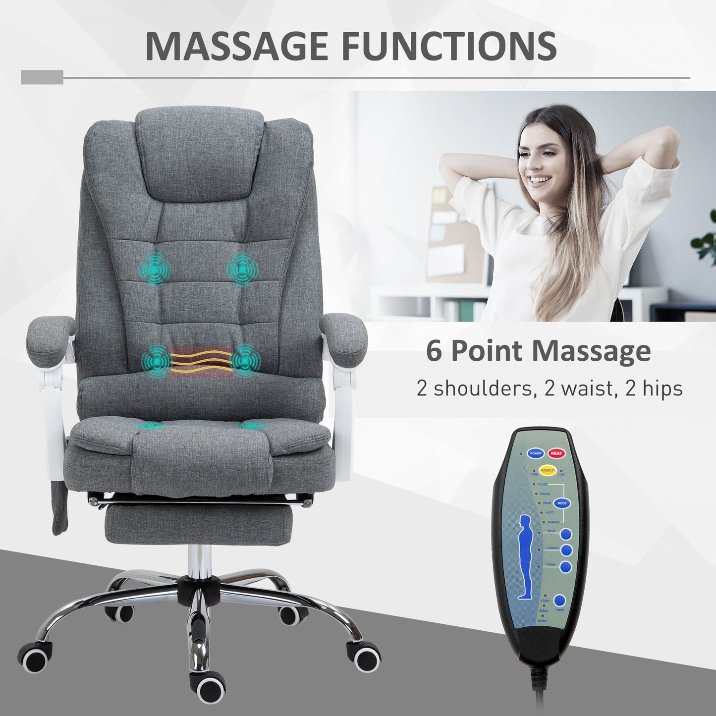 HOMCOM Heated 6 Points Vibration Massage Executive Office Chair Adjustable Swivel Ergonomic High Back Desk Chair Recliner with Footrest Grey