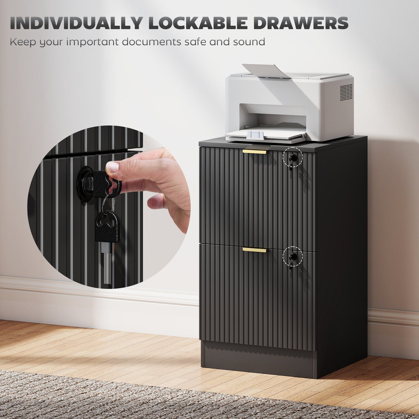 2 Drawer Filing Cabinet, Fluted Vertical File Cabinet with Lock and Adjustable Hanging Rails for A4 and Letter Size Files, Printer Stand with Storage, Black
