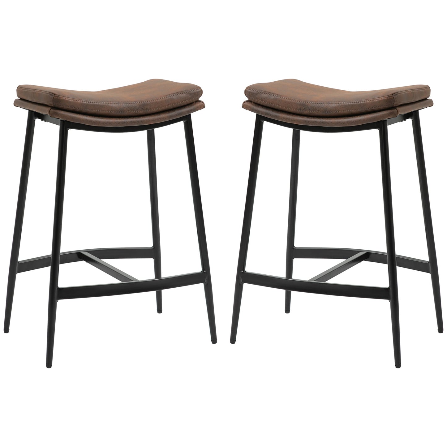HOMCOM Breakfast Bar Stools Set of 2, Microfibre Upholstered Barstools, Industrial Bar Chairs with Curved Seat and Steel Frame for Dining Room, Kitchen, Brown