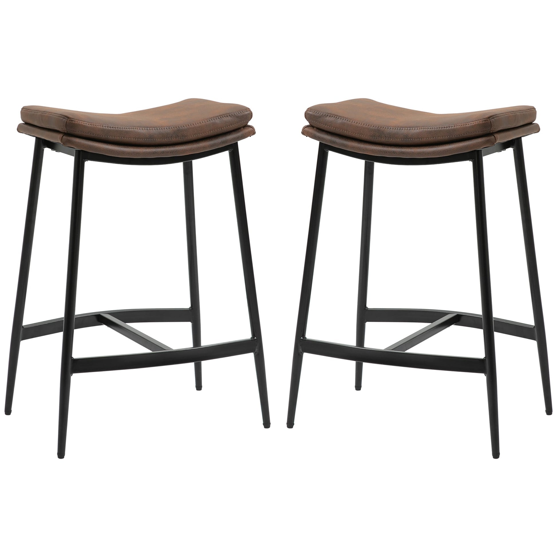 HOMCOM Breakfast Bar Stools Set of 2, Microfibre Upholstered Barstools, Industrial Bar Chairs with Curved Seat and Steel Frame for Dining Room, Kitchen, Brown