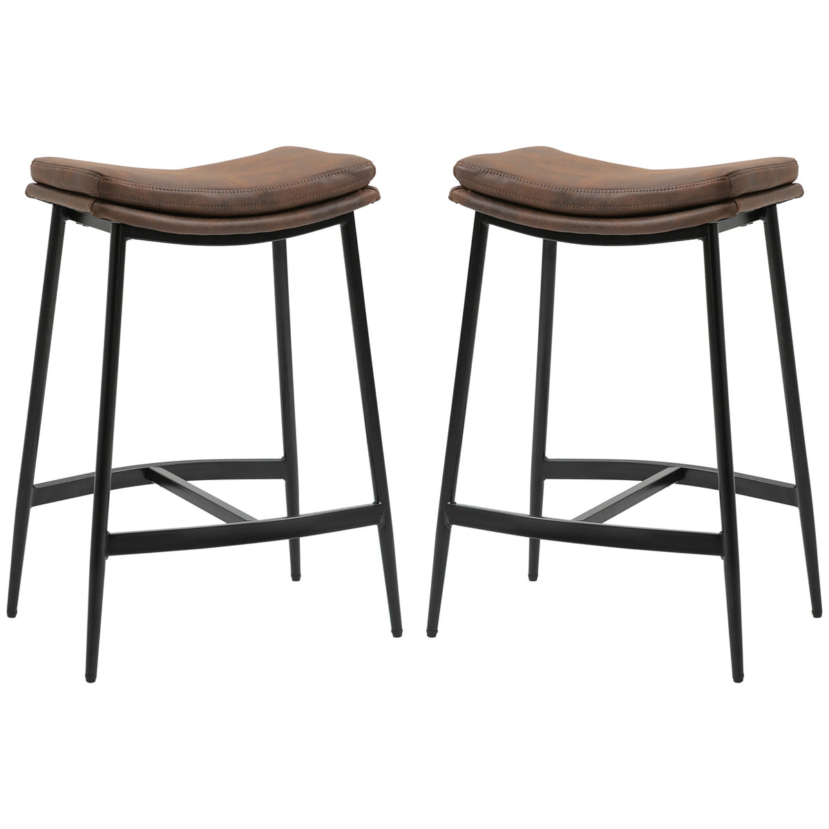 HOMCOM Breakfast Bar Stools Set of 2, Microfibre Upholstered Barstools, Industrial Bar Chairs with Curved Seat and Steel Frame for Dining Room, Kitchen, Brown