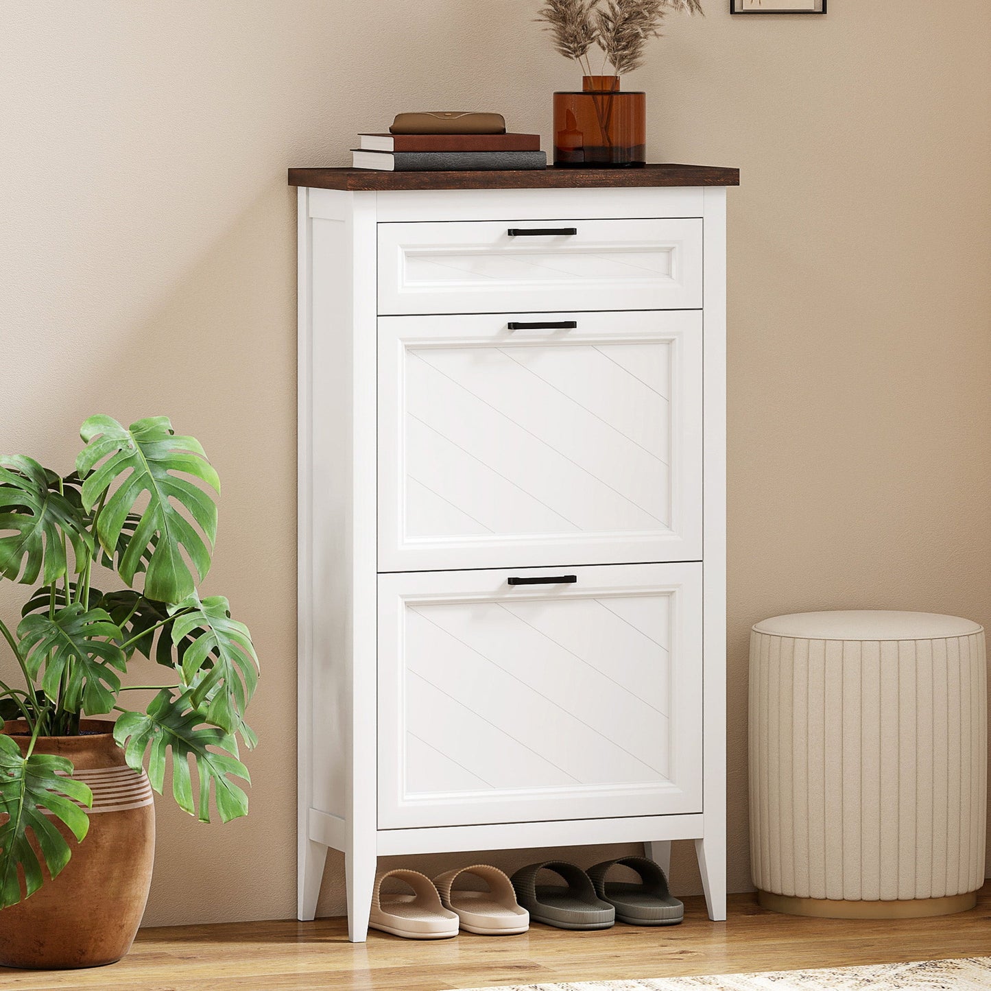 Shoe Cabinet with 2 Flip Drawers, Farmhouse Narrow Shoe Storage Cabinet with Adjustable Shelves, Storage Drawer, Freestanding for Entryway, Hallway, Living Room, Holds 8-12 Pairs, White