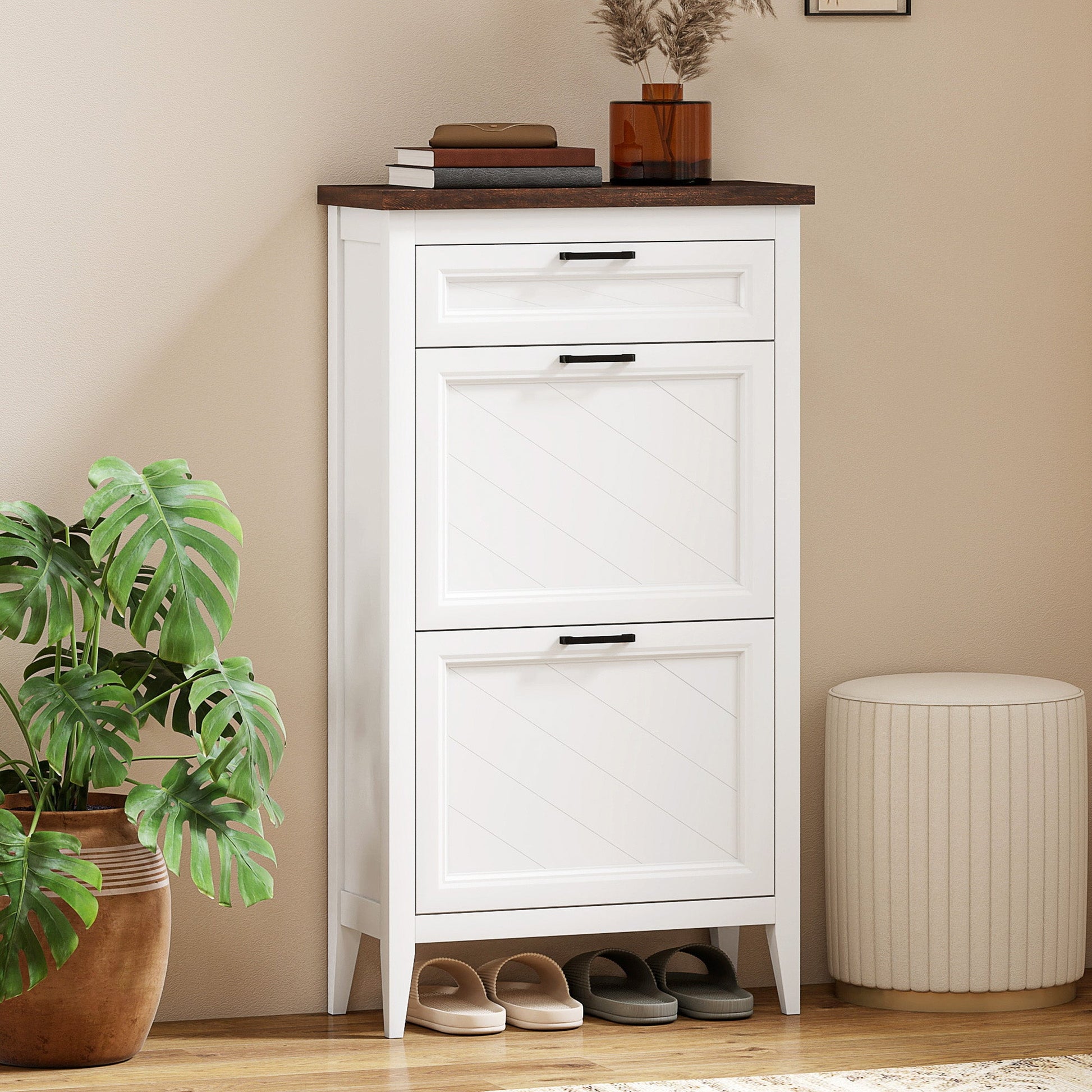 Shoe Cabinet with 2 Flip Drawers, Farmhouse Narrow Shoe Storage Cabinet with Adjustable Shelves, Storage Drawer, Freestanding for Entryway, Hallway, Living Room, Holds 8-12 Pairs, White