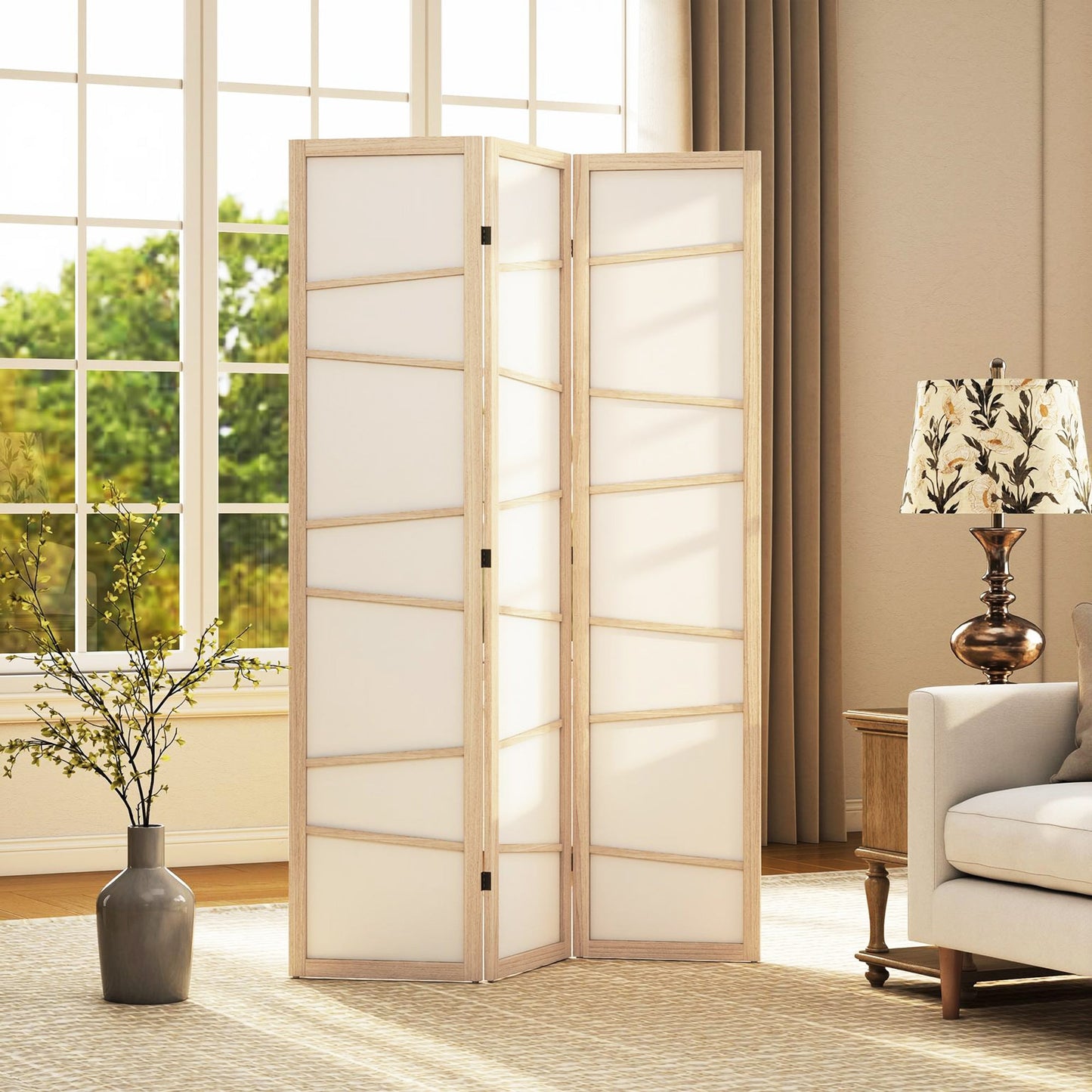 3 Panel Room Divider, Wooden Folding Privacy Screen, Freestanding Wall Partition Separator for Bedroom, Natural Wood Finish