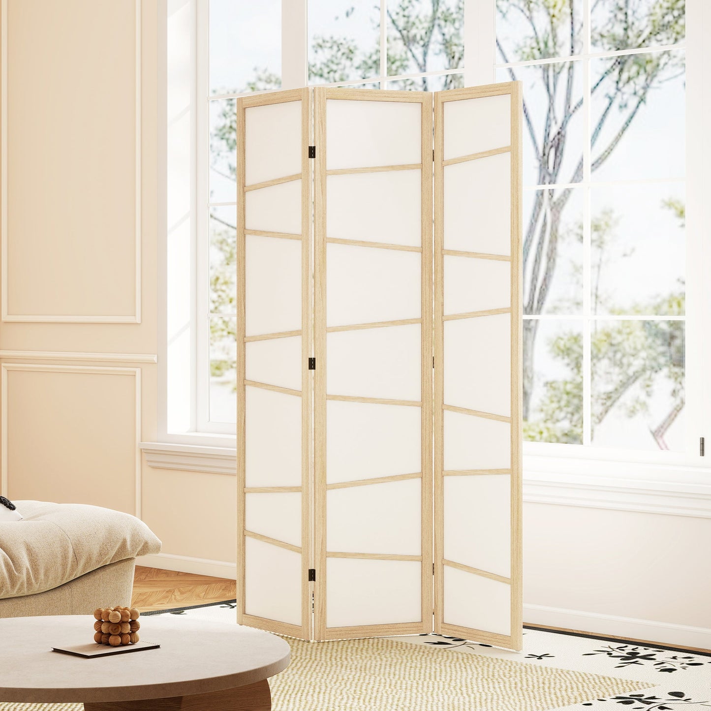 3 Panel Room Divider, Wooden Folding Privacy Screen, Freestanding Wall Partition Separator for Bedroom, Natural Wood Finish